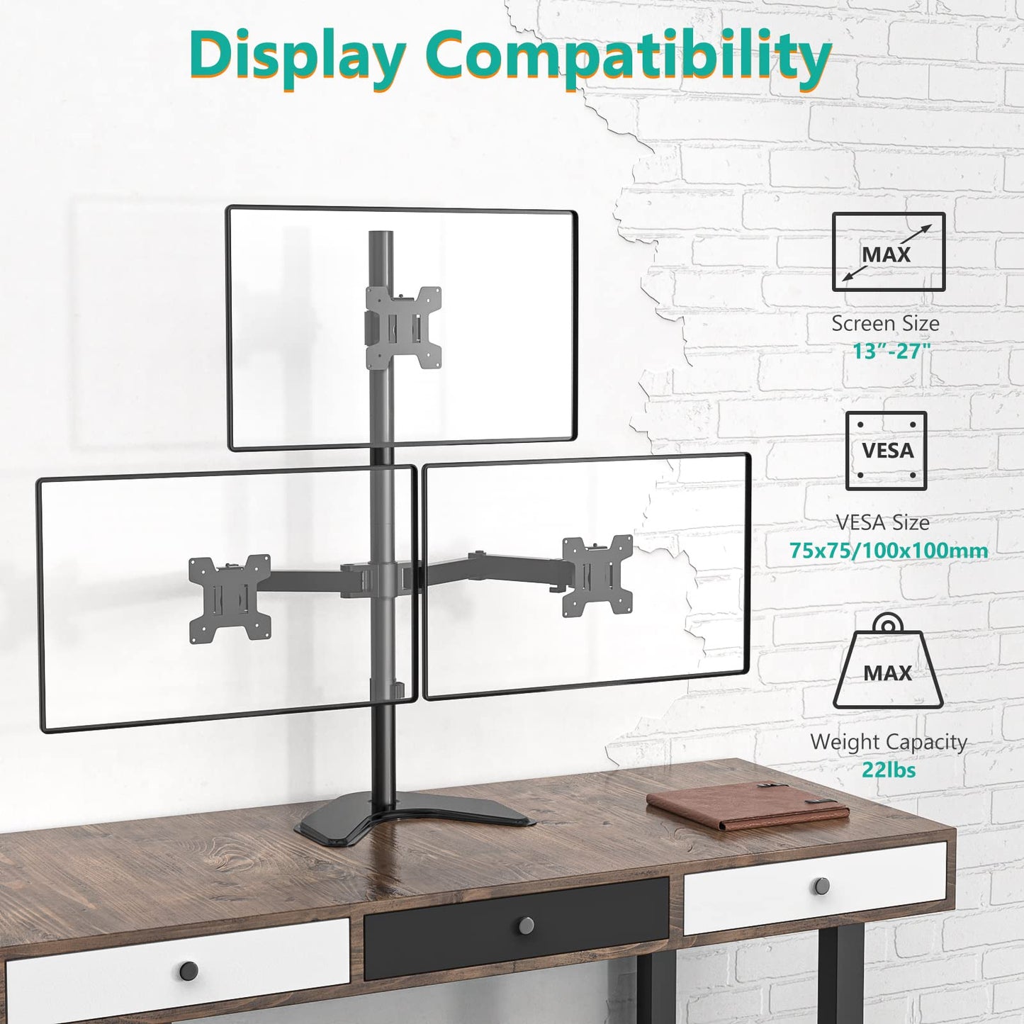 WALI Triple Monitor Stand, Free Standing Three Monitor Desk Mount Fully Adjustable, Fits 3 Screens up to 27 inch, 22 lbs Weight Capacity per Arm