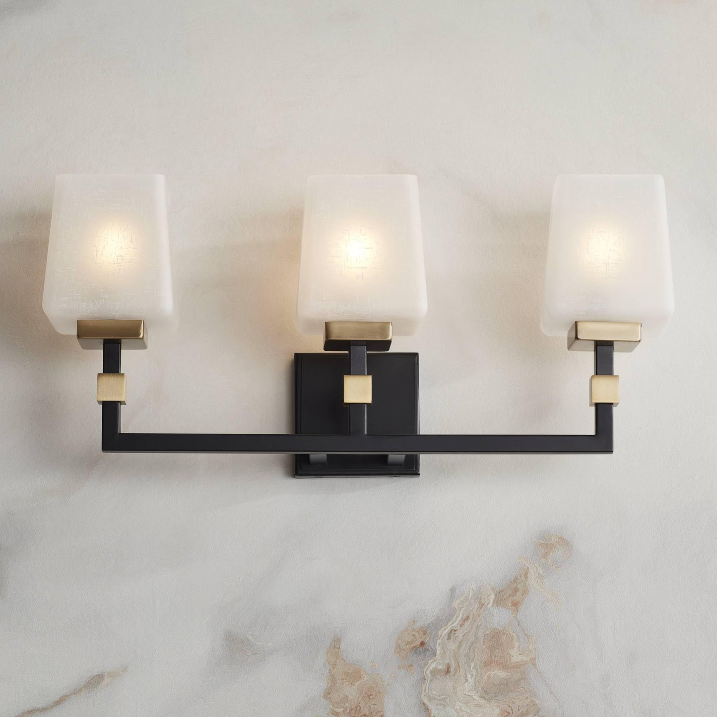 Possini Euro Design Beauregard Modern Industrial Wall Light Black Gold Metal Hardwired 21 3/4" Wide 3-Light Fixture Mounted Square Linen Glass Shade