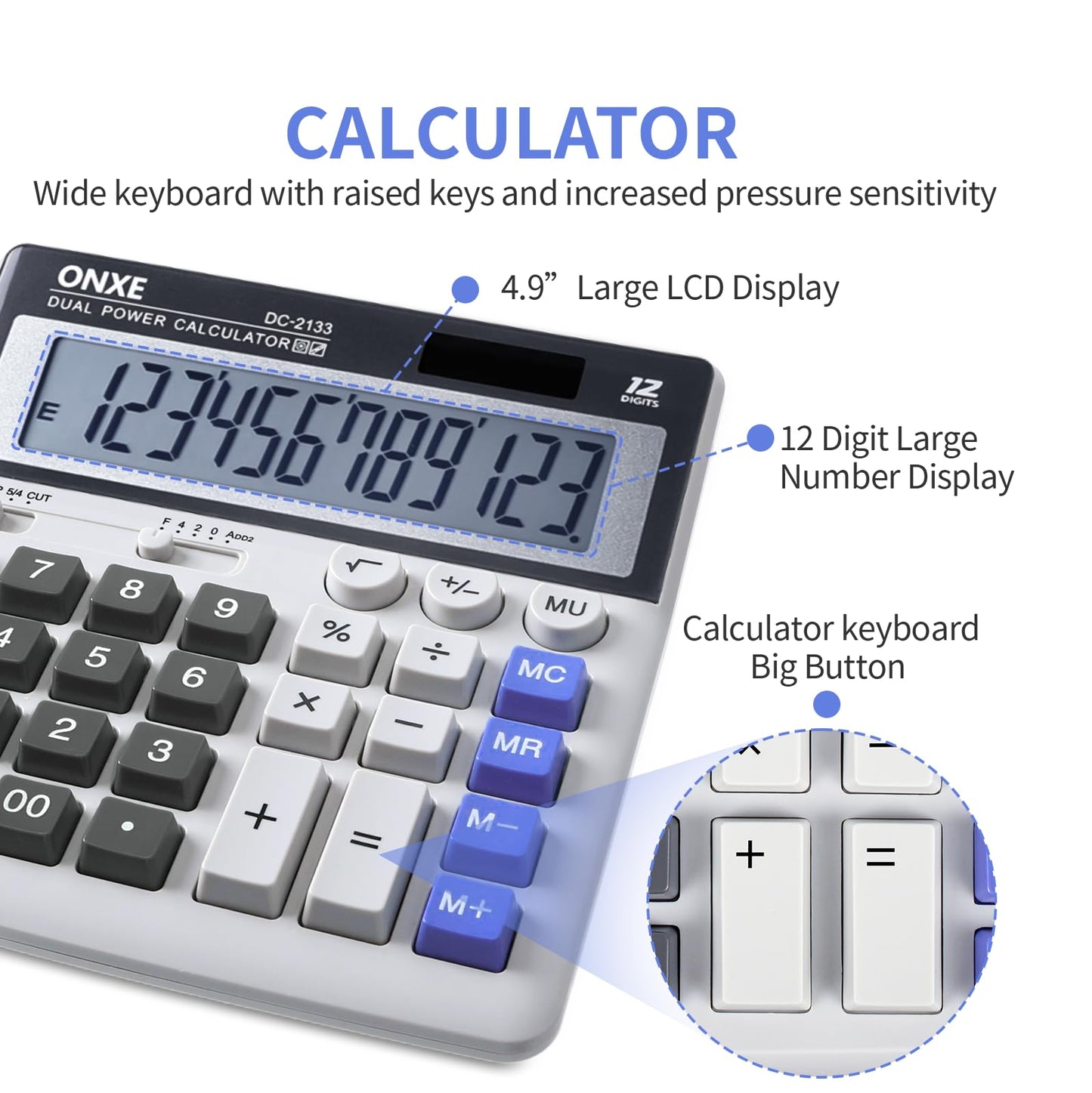 ONXE 12 Digit Desk Calculator,Calculators Desktop with Extra Large 4.9" LCD Display & Big Buttons, Solar & Battery Dual Power, Standard Basic 4