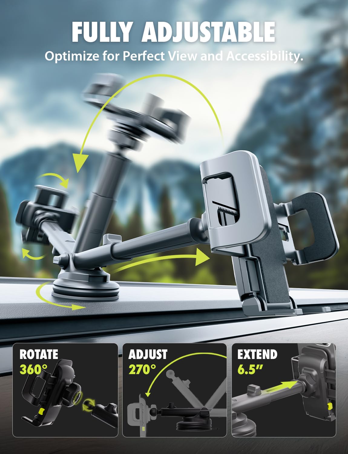Bracketron Cell Phone Holders for Your Car - TripGrip Extend Phone Holder for Car Dashboard & Windshield, One-Hand Release, 360 Rotation, Suction Cup