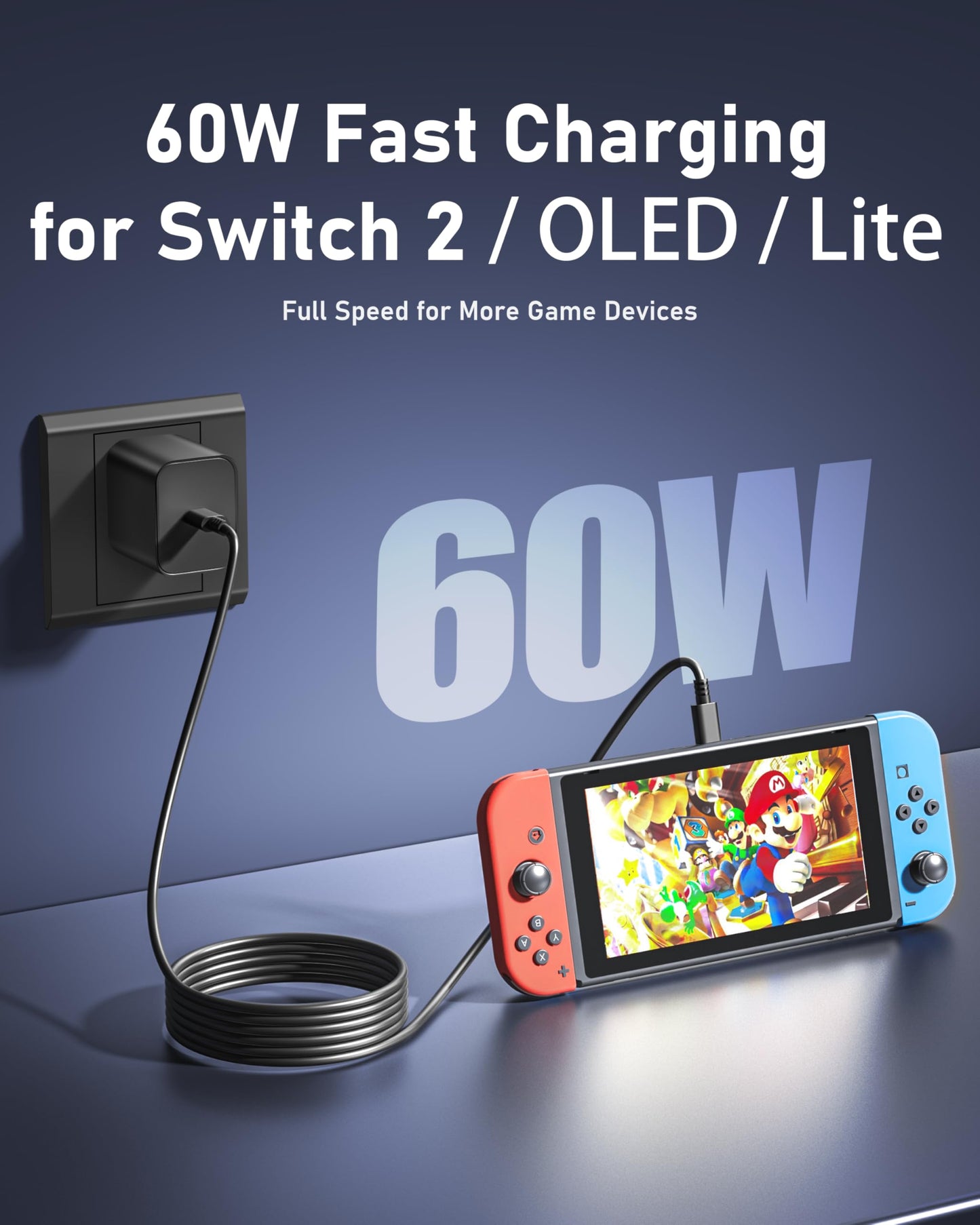 60W USB-C Charger for Steam Deck/Steam Deck OLED, Switch 2/Switch OLED/Switch Lite, with 4.9FT(1.5M) Cable, Supports 4K TV Mode, PD 3.0 Fast Charger