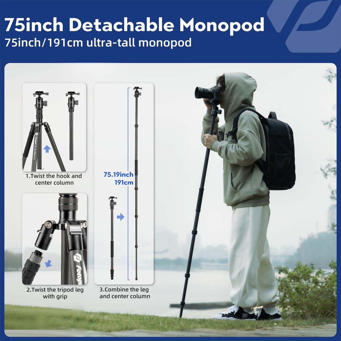 Fotopro 73"/185cm Carbon Fiber Travel Tripod for Camera, 360° Panorama Ball Head, Arca Quick Release Plate, Portable Bag, Compact Travel Tripod