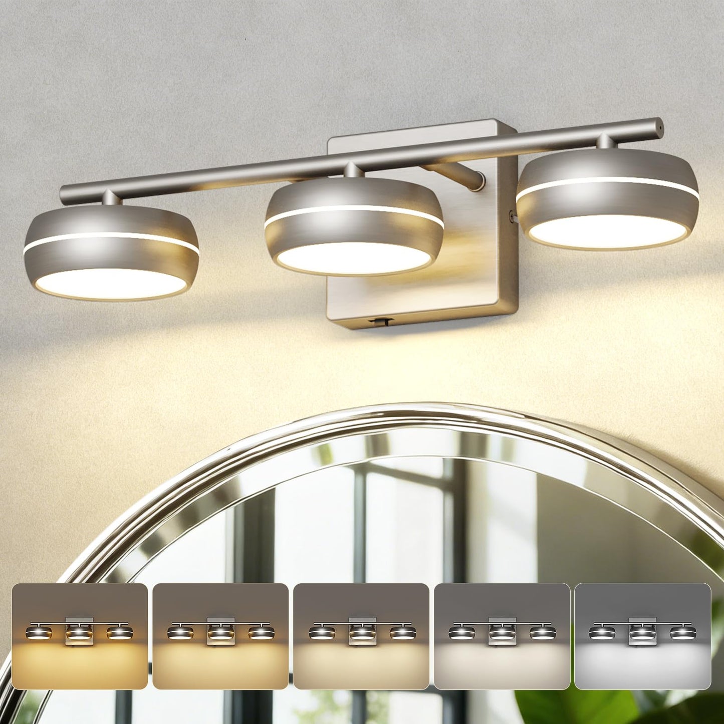 KELIDEN Vanity Light Fixture, 3-Light Brushed Nickel Bathroom Vanity Light with 5CCT, Dimmable Modern Wall Light for Mirror and Bathroom