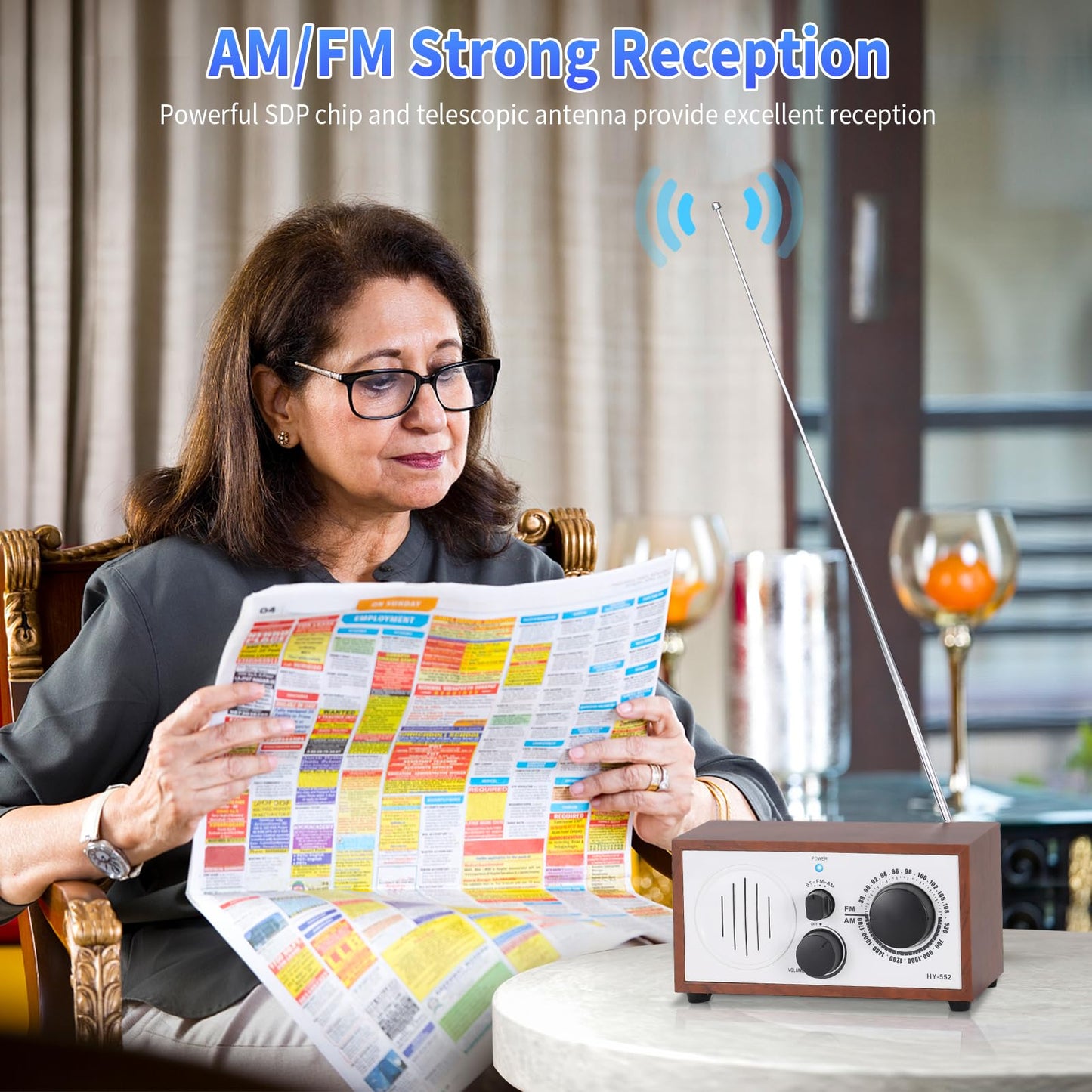 Vintage Wood AM FM Bluetooth Speaker Radio Plug in Wall, Elegant and Retro Design, Old Fashion Radio Bluetooth Speaker with Aux in, Headphone Jack