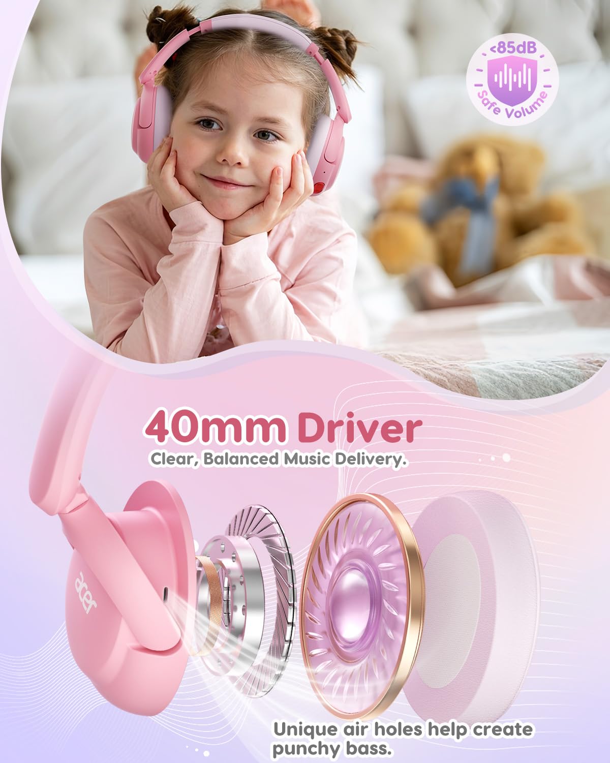 Acer Kids Bluetooth Headphones, 85dB Limiter, 75H, w/Mic OHR725