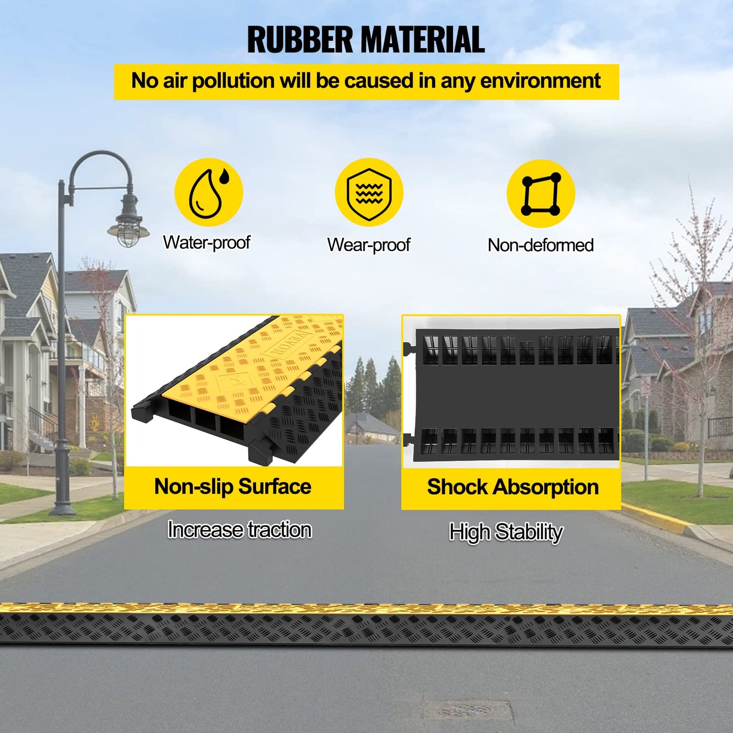 VEVOR 3-Channel Rubber Cable Protector Ramps Heavy Duty 44000Lbs Load Capacity Cable Wire Floor Cord Cover Ramp Speed Bump Driveway Hose Cable Ramp