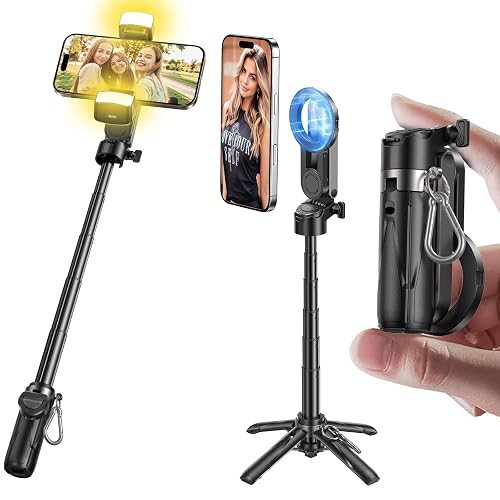 MAGIC JOHN Phone Tripod with 2 Selfie Light, Portable Pocket Size Selfie Stick for iPhone Magsafe, Selfie Stick with Detachable Remote Control