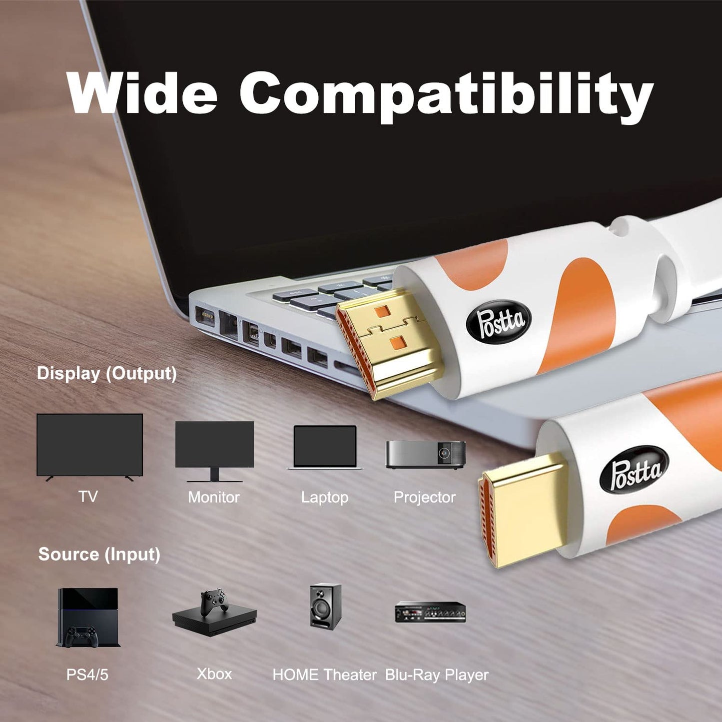 Postta Flat HDMI Cable 50 Feet 4K HDMI2.0 Cable Support 4K(2160P),3D,1080P,Ethernet,Audio Return(White-Orange)