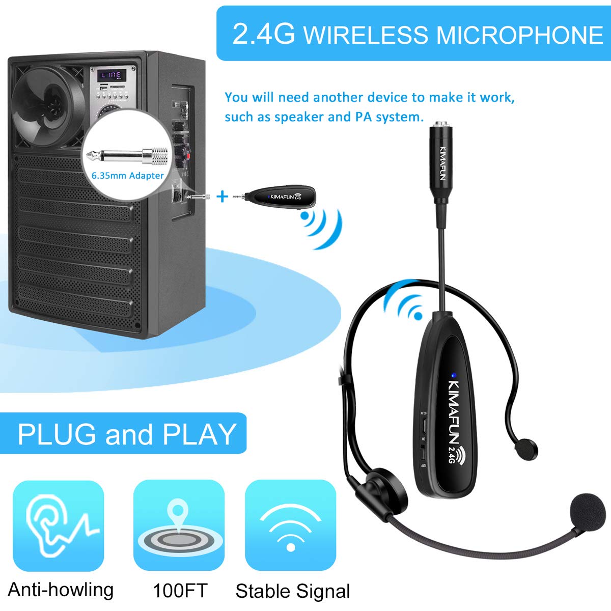 KIMAFUN Wireless Microphone System, 2.4G Wireless Headset and Lavalier Lapel Microphones for iPhone, Android Phone, Laptop and Speaker, Designed for