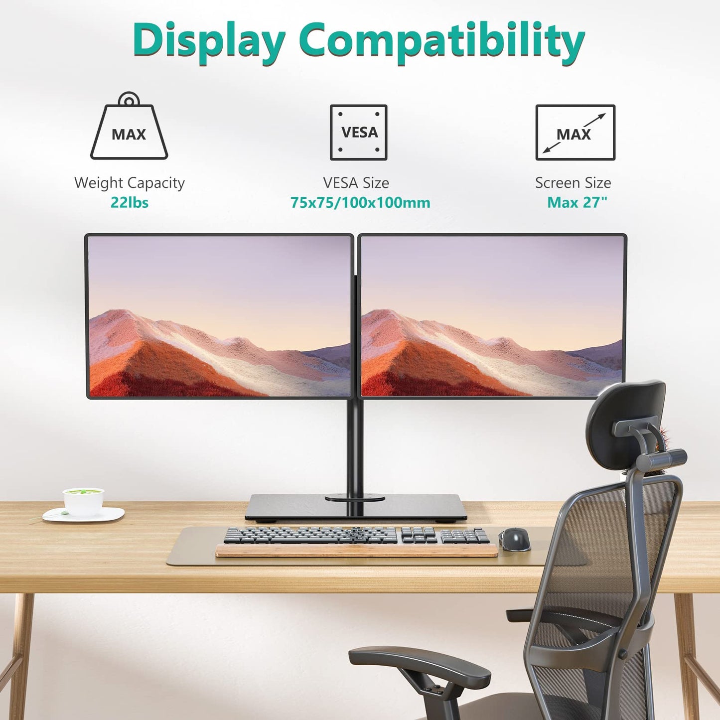 WALI Free Standing Dual Monitor Stand, Height Adjustable Monitor Mount with Glass Base, Fits LCD LED Flat Curved Screen up to 27 inch, 22lbs