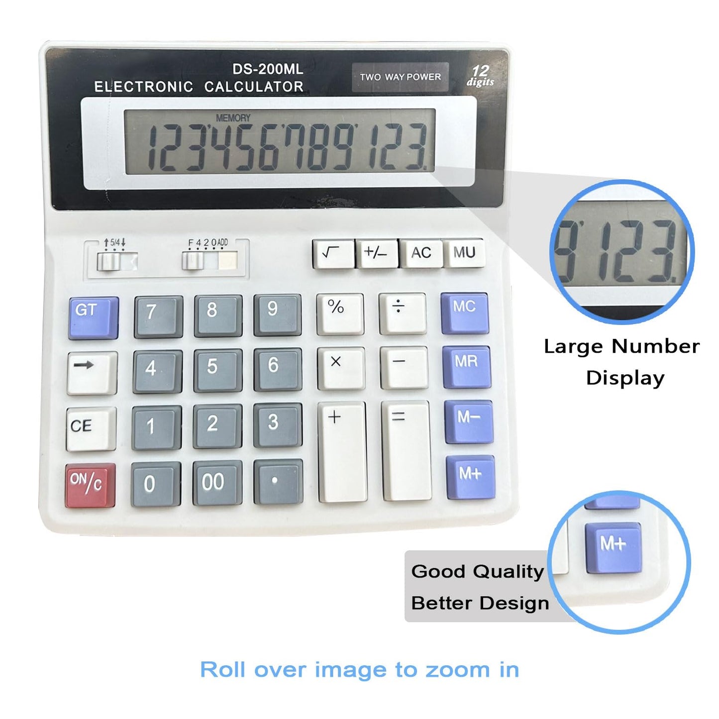 Desk Calculator Large 12 Digit Display, Dual Power Basic Calculator Desktop, Big Button for Office, Business, Home and School (Grey).