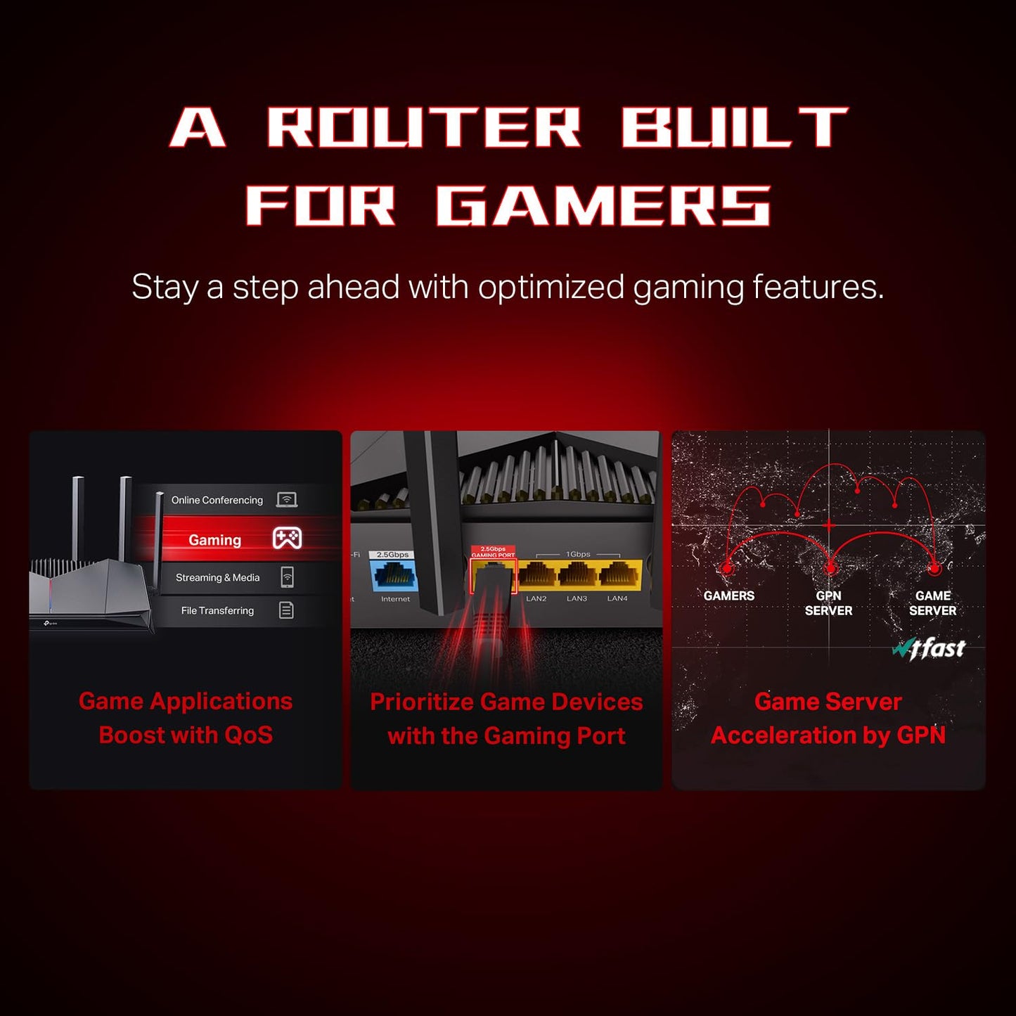 TP-Link Dual-Band BE6500 WiFi 7 Gaming Router Archer GE400 | 6-Stream 6.5 Gbps | 2 x 2.5G + 3 x 1G | Game Acceleration, Dedicated Gaming Port & Panel