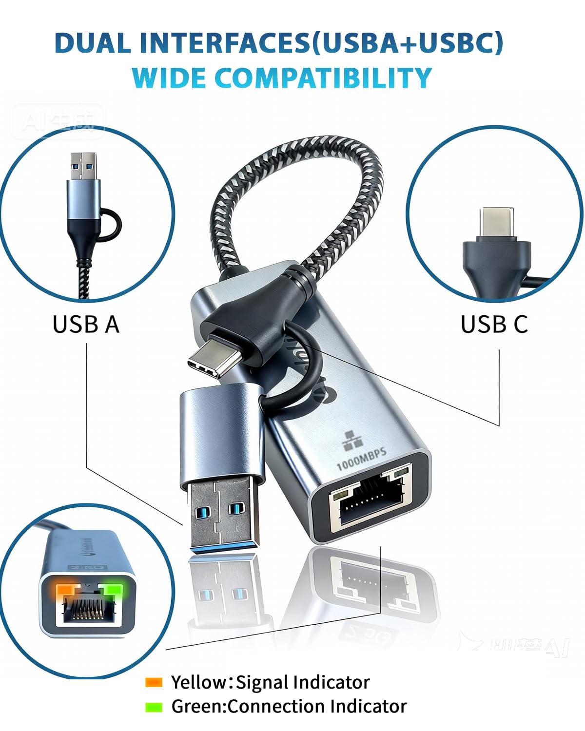 Ethernet to USB Adapter, 1Gbps USB to RJ45 Gigabit LAN, USB 3.0 Ethernet Adapter Compatibility 10/100/1000Mbps. Compatible with Laptops, PC, Mac OS