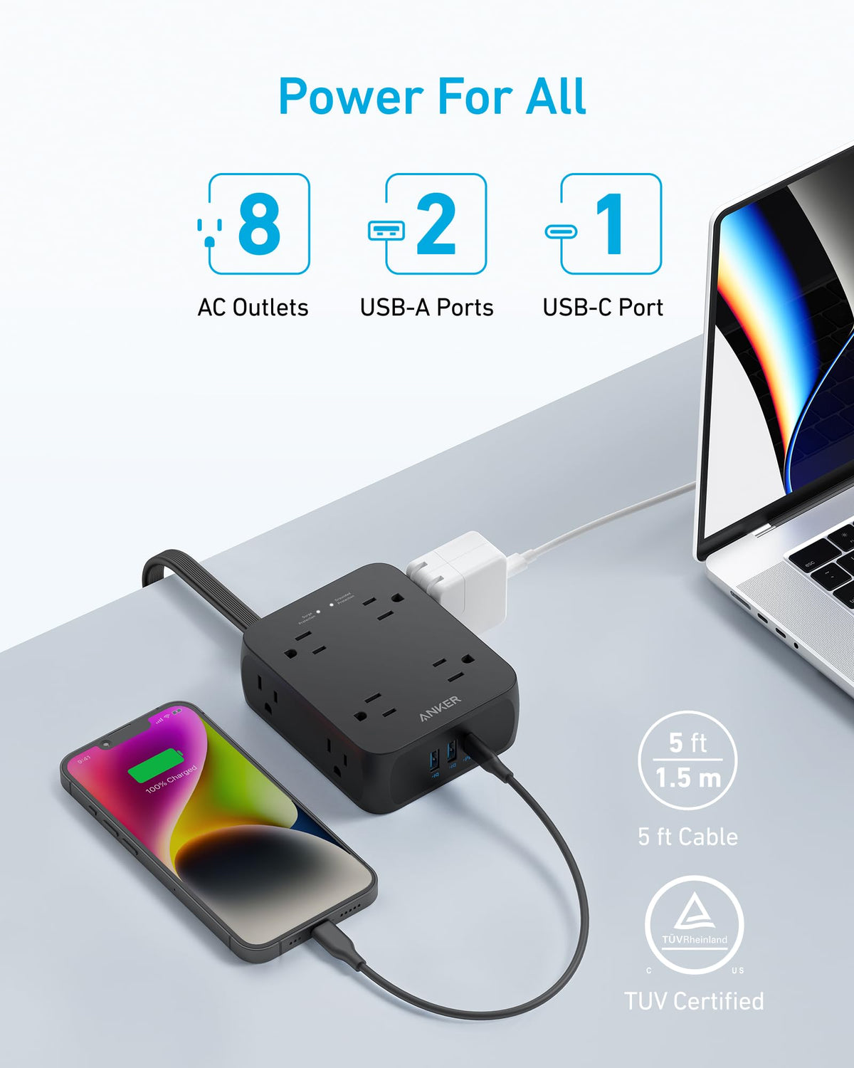 Anker Power Strip with 2000J Surge Protector, Flat Plug Extension Cord with Multiple Outlets, 8 AC, 2 USB A & 1 USB C Port for 20W, 5ft Outlet