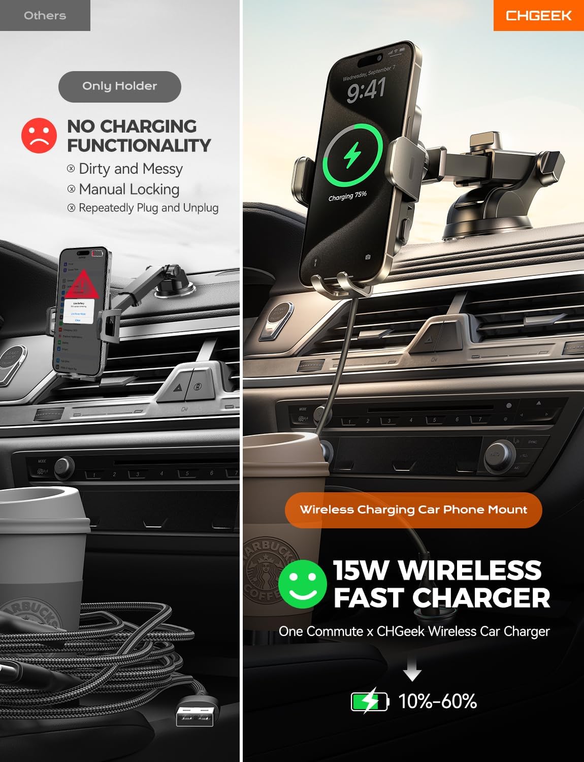 CHGeek Wireless Car Charger Phone Holder Mount, 15W Fast Charging Auto Clamping Phone Holders for Your Car Dashboard Windshield Air Vent Car