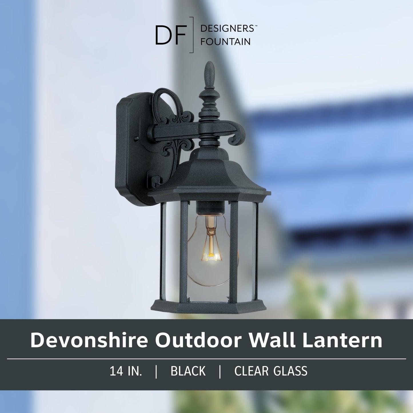 DESIGNERS FOUNTAIN Devonshire Outdoor Light Fixture, 14 Inch Exterior Wall Lantern Sconce for Front Door, Patio and Porch, Black, 2961-BK