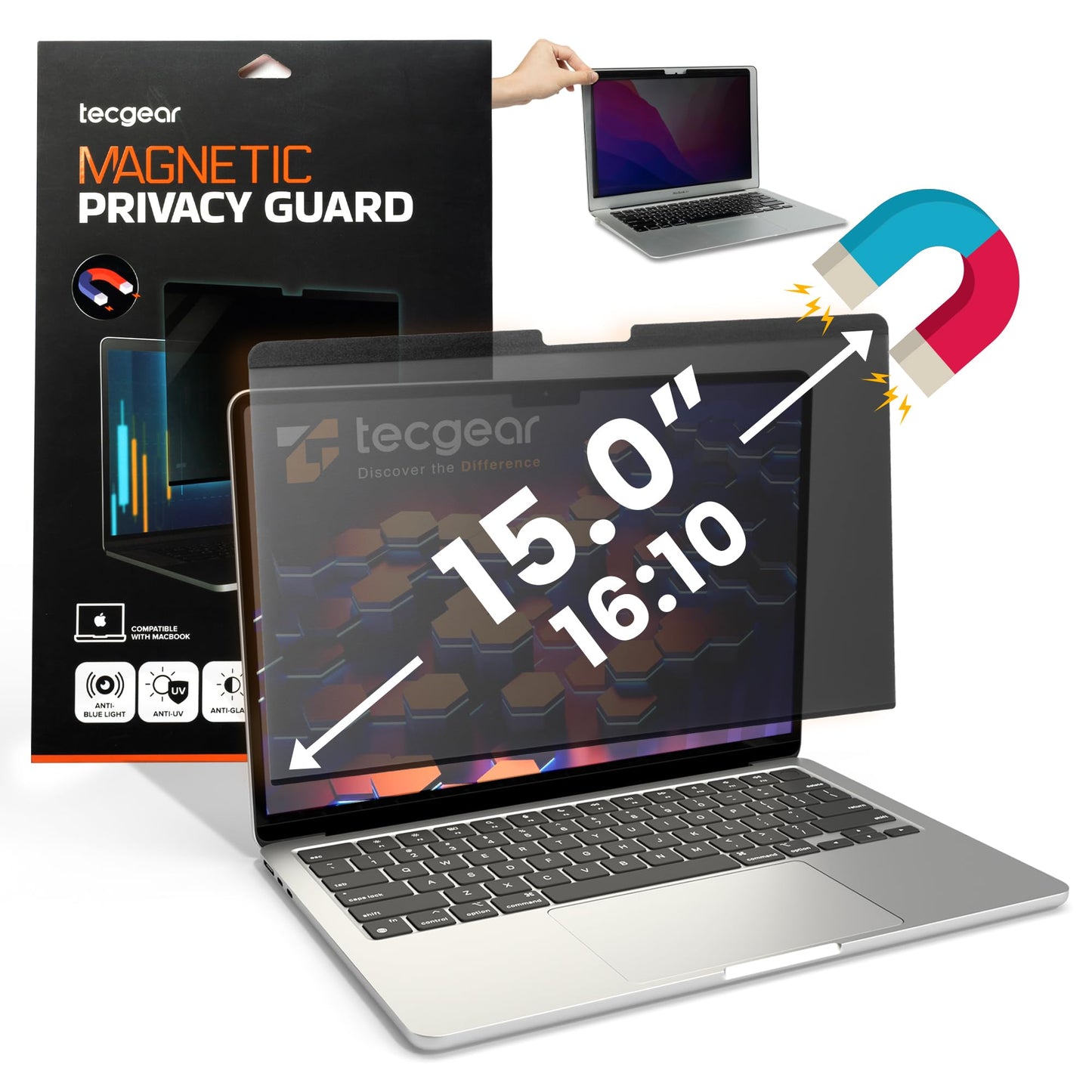 Tecgear Privacy Screen Filter 15 Inch | MacBook 15 Inch M1 Privacy Filter | Magnetic Laptop Screen Protector | Anti Glare Blue Light Blocking Magnetic
