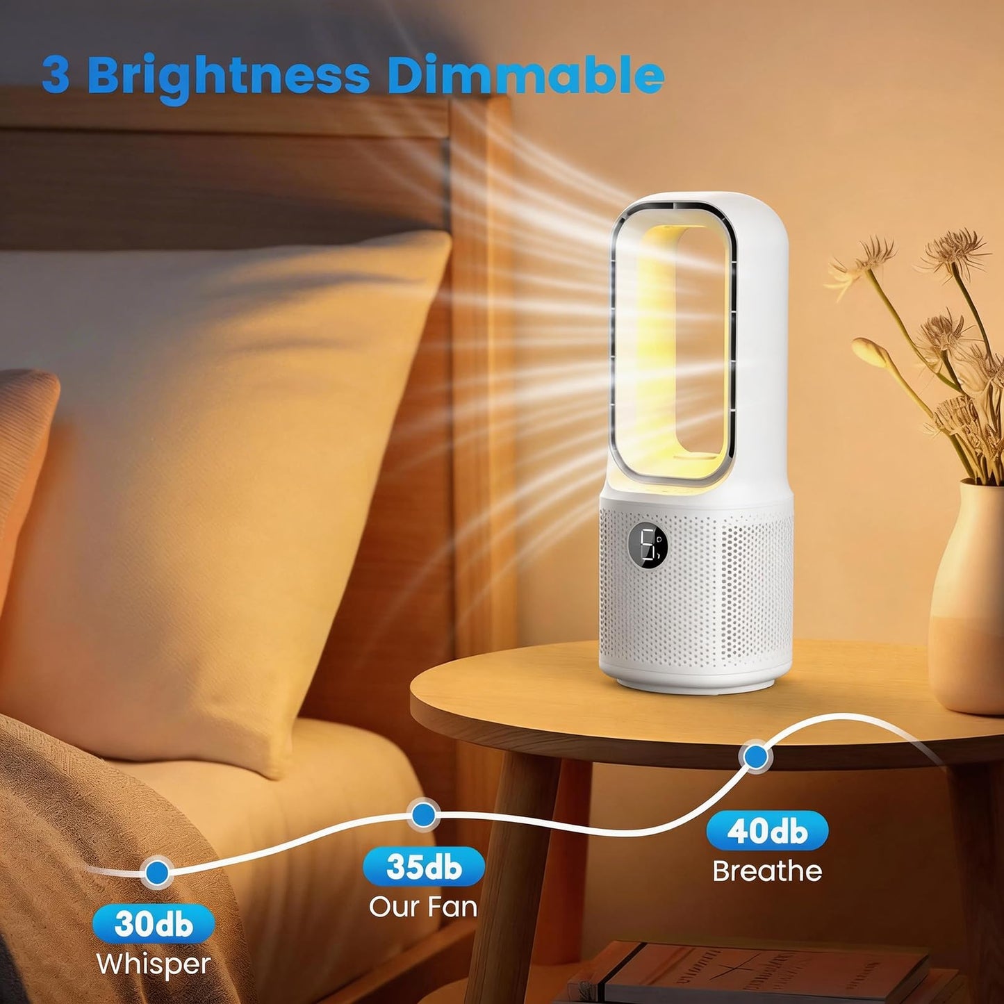 Misby 13 Inch Desk Fan, Bladeless Table Fan with Night Light, 5 Speeds, 70° Oscillating Fan and Timer, Small Quiet Desktop Fan for Nightstand