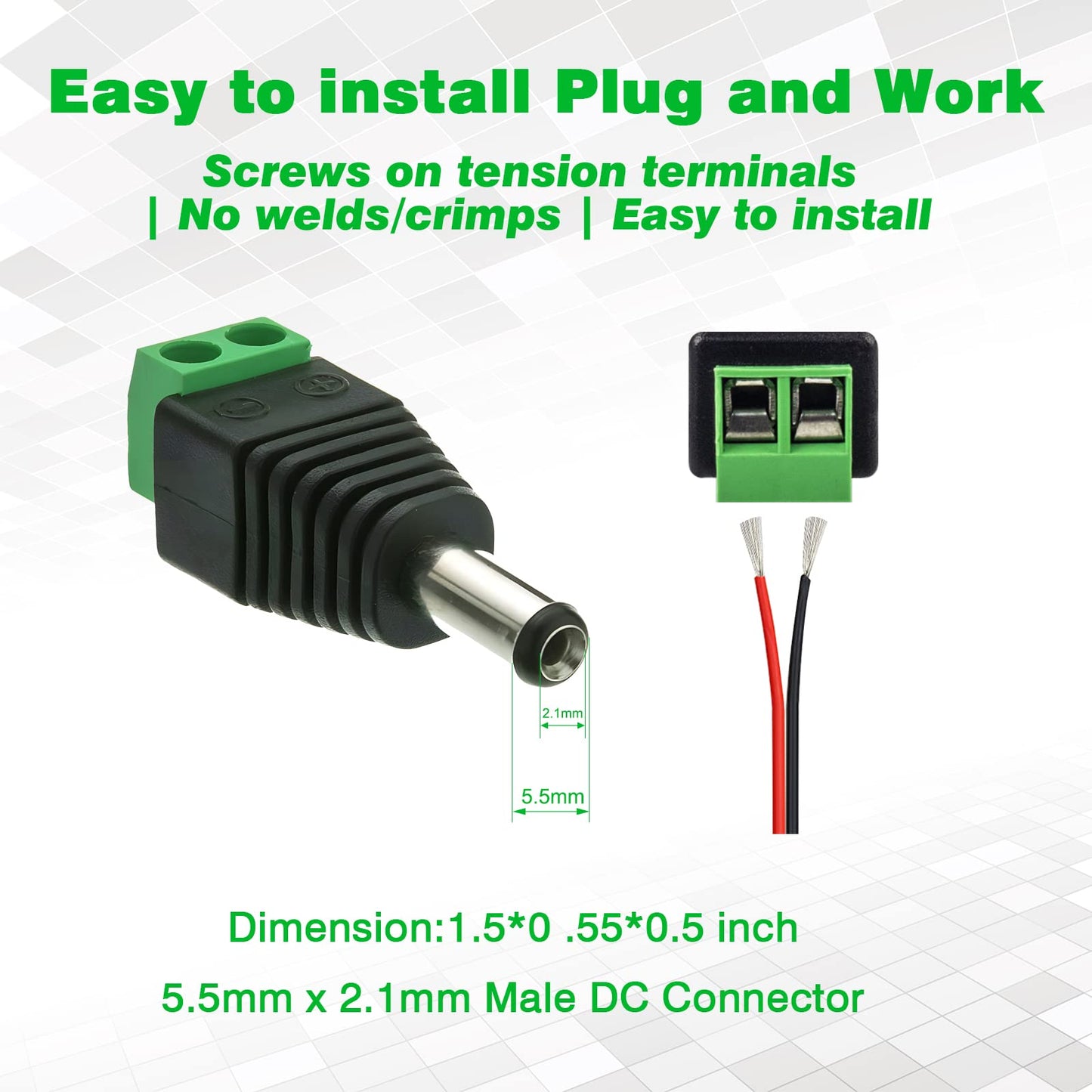 UltraPoE 40-Pack Male DC 12V 5A Barrel Plug Connector 5.5mm x 2.1mm,Power Adapter Jack for Led Light Strip CCTV Security Camera Monitoring Cable Wire