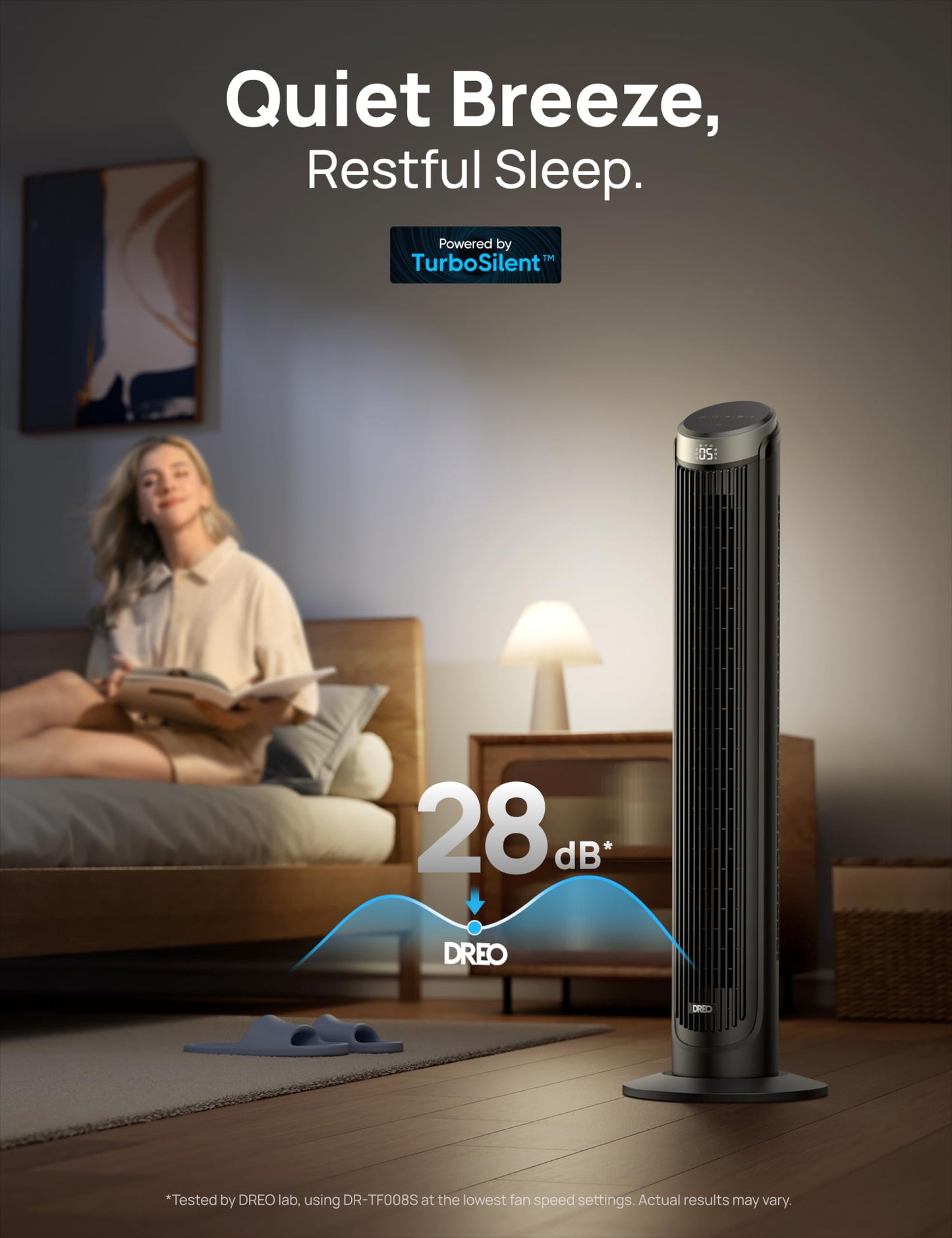 DREO Smart Tower Fan for Bedroom, 90° Oscillating Fan, 26ft/s Wind, 28dB