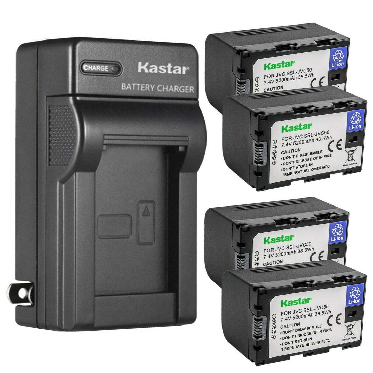Kastar 4-Pack Battery and AC Wall Charger Replacement for JVC GY-HMQ10, GY-HMQ10E, GY-LS300, GY-LS300CHU, GY-HM200, GY-HM200U, GY-HM200HW, GY-HM200SP