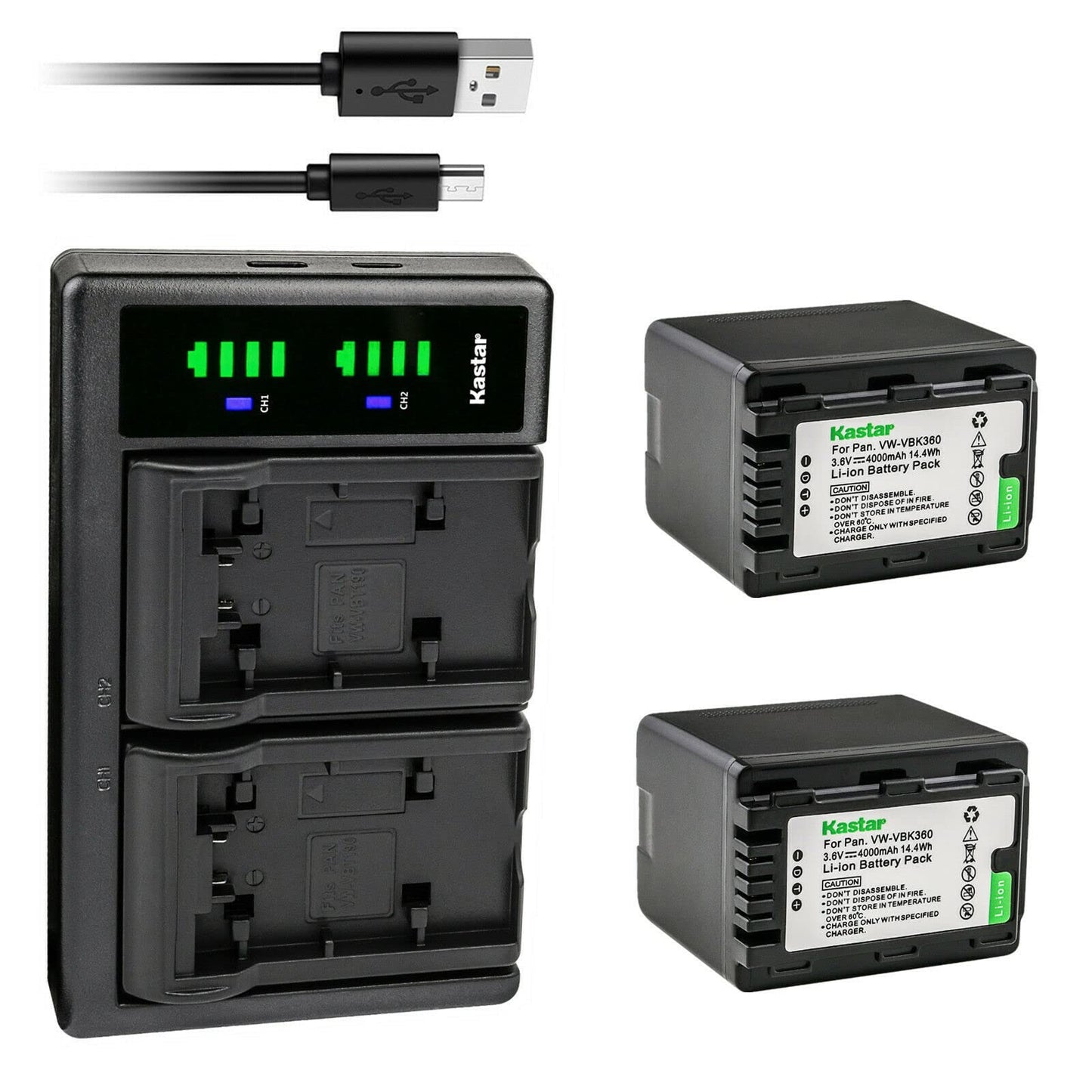 Kastar 2-Pack VW-VBK360 Battery and LTD2 USB Charger Replacement for Panasonic VW-VBK360, VW-VBK180, VW-VBL090, VW-VBL180, SDR-T50K, SDR-T50P
