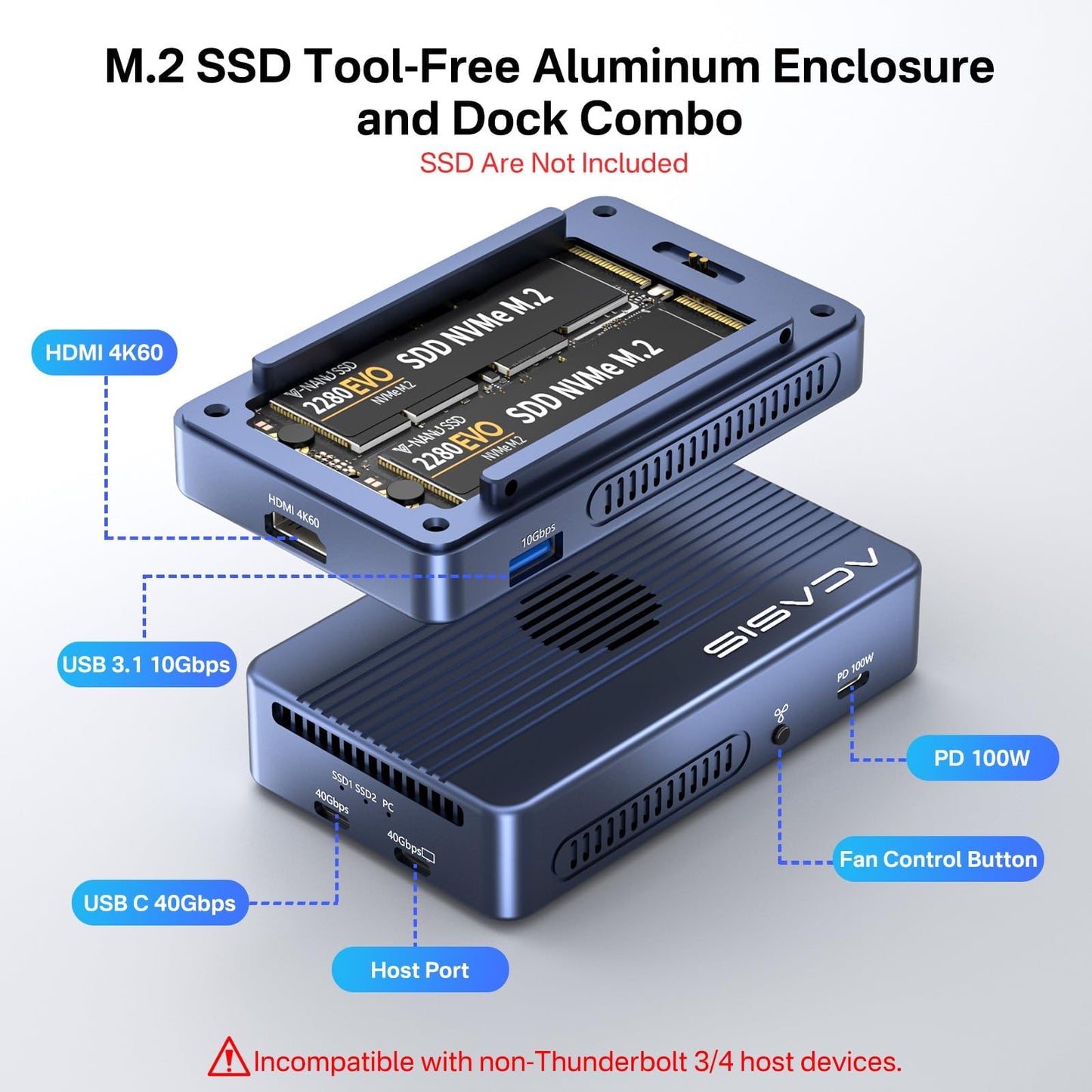 ACASIS Dual-Bay 40Gbps M.2 NVMe Raid SSD Enclosure, Cooling Fan, Only Compatible with USB4/40Gbps, Tool-Free, Aluminum Dock Dual Monitor, Support