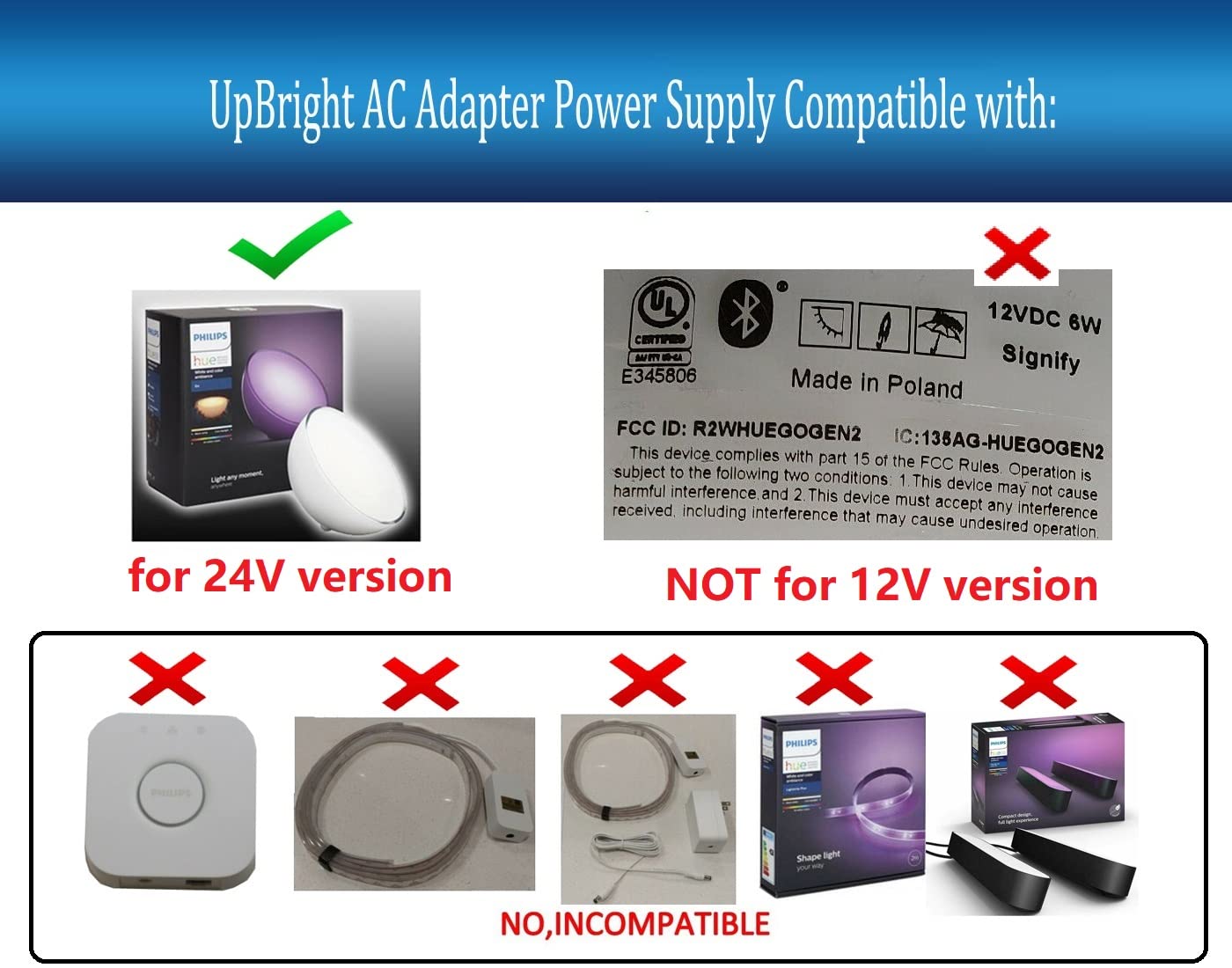 UpBright 24V AC/DC Adapter Compatible with Philips Hue Go 798835 800136 71460 60 7146060C6 HueGo LED Light HF12 HF18 HF24 S018QU2400075 S018QU2400050…