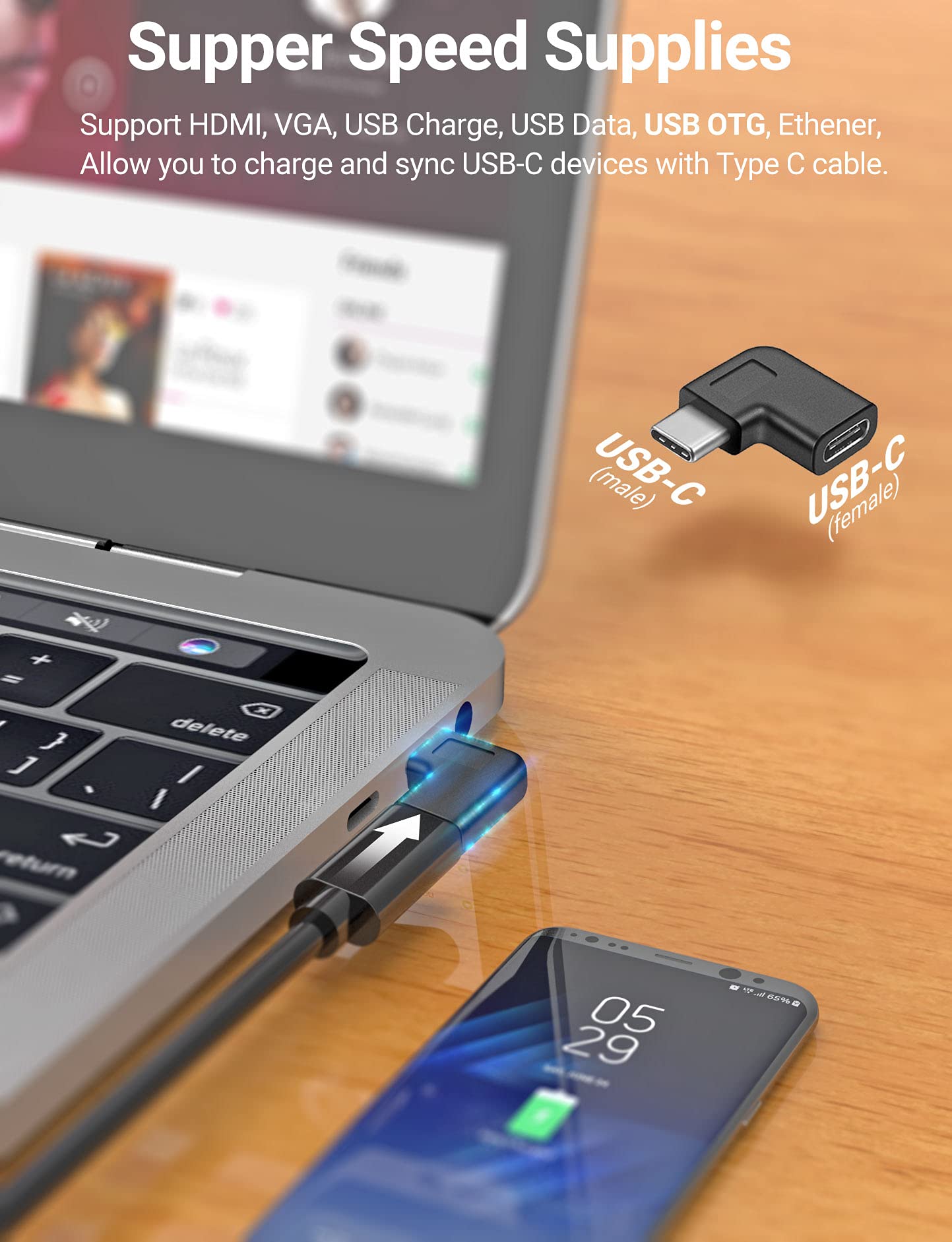 URWOOW USB C Right Angle Adapter,90 Degree USB C to USB Type-C Male to Female Adapter Convertor Extension, for Laptop & Tablet & Mobile Phone (2…
