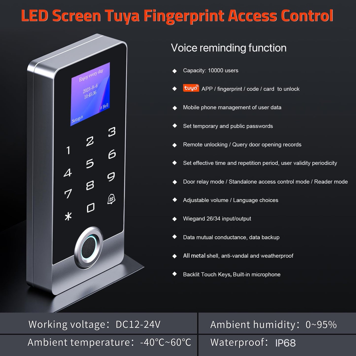 Wireless WiFi TUYA Access Control System with LED Screen/Voice, Fingerprint Password Stand-Alone Door Access Control Keypad, WG26/34 EM Card Reader