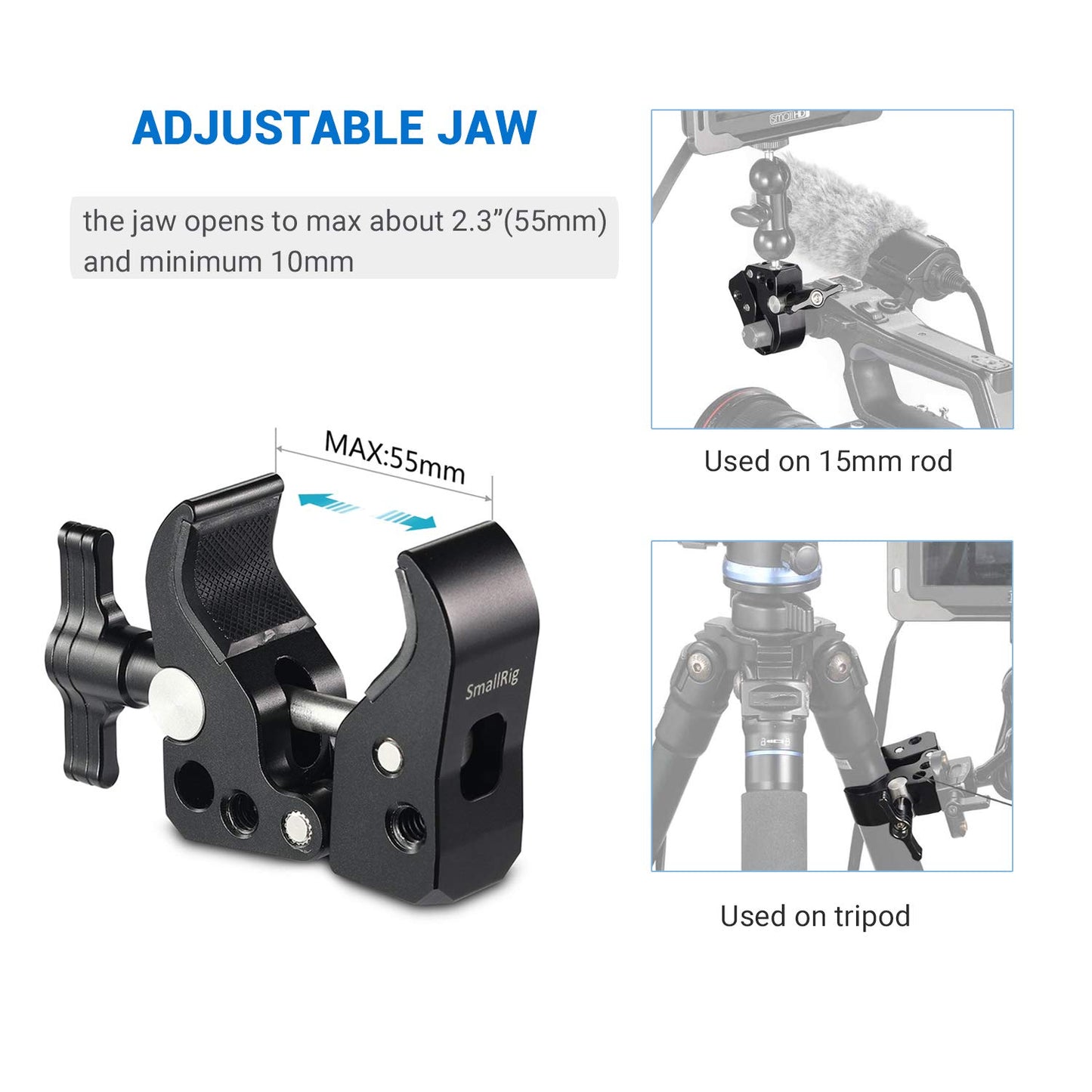SMALLRIG Super Clamp with 1/4"-20 Thread Holes, 3/8"-16 Locating Pin for ARRI Standard, T-Shaped Wingnut and Rubber Pads