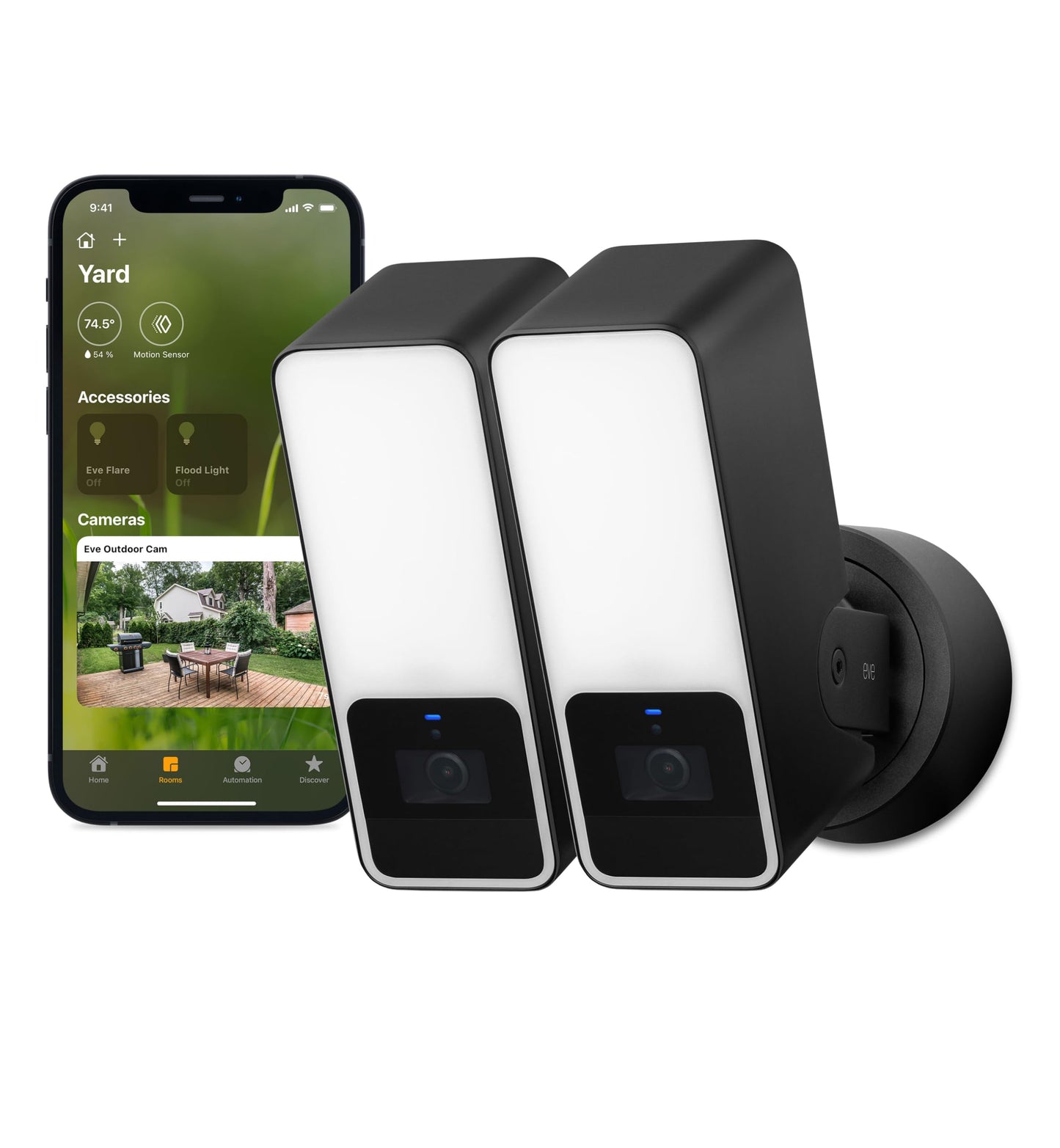 Eve Outdoor Cam 2-Pack Secure floodlight Camera, High Security & Privacy (HomeKit Secure Video), 1080p, Night Vision, Wi-Fi (2.4 GHz), Motion Sensor