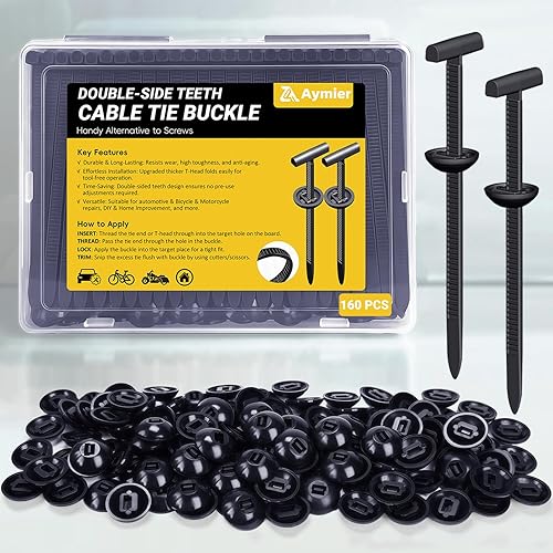 Aymier 160Pcs Upgraded Double-Side Teeth Self-Locking Nylon Universal Cable Tie Buckle, for Car Fender Trunk Bumper Repair, Home & Garage, with T
