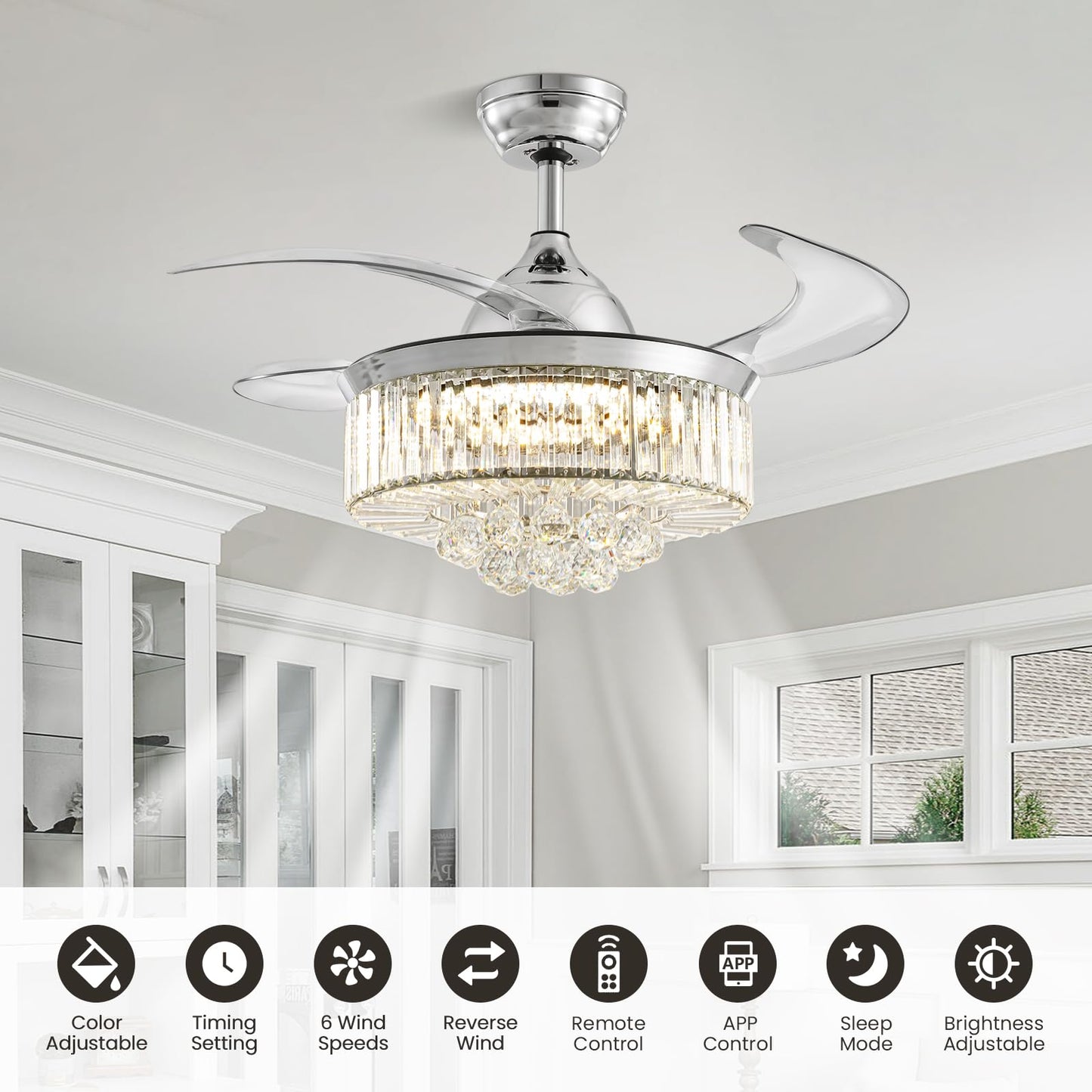 36" Fandelier, Crystal Ceiling Fan with Lights and Remote, Invisible Retractable Dimmable Chandelier Fan, 6-Speed Reversible Timer Ceiling Fan Light