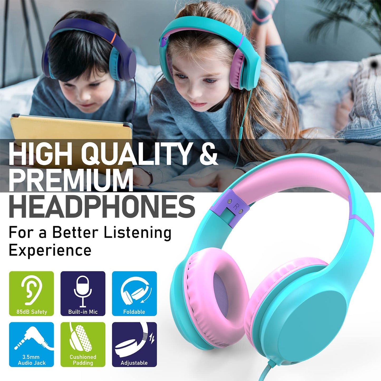 FosPower Kids Headphones with 3.5mm Laced Cables, Children & Teens Over The Ear Foldable Adjustable Headset w/Built-in Mic