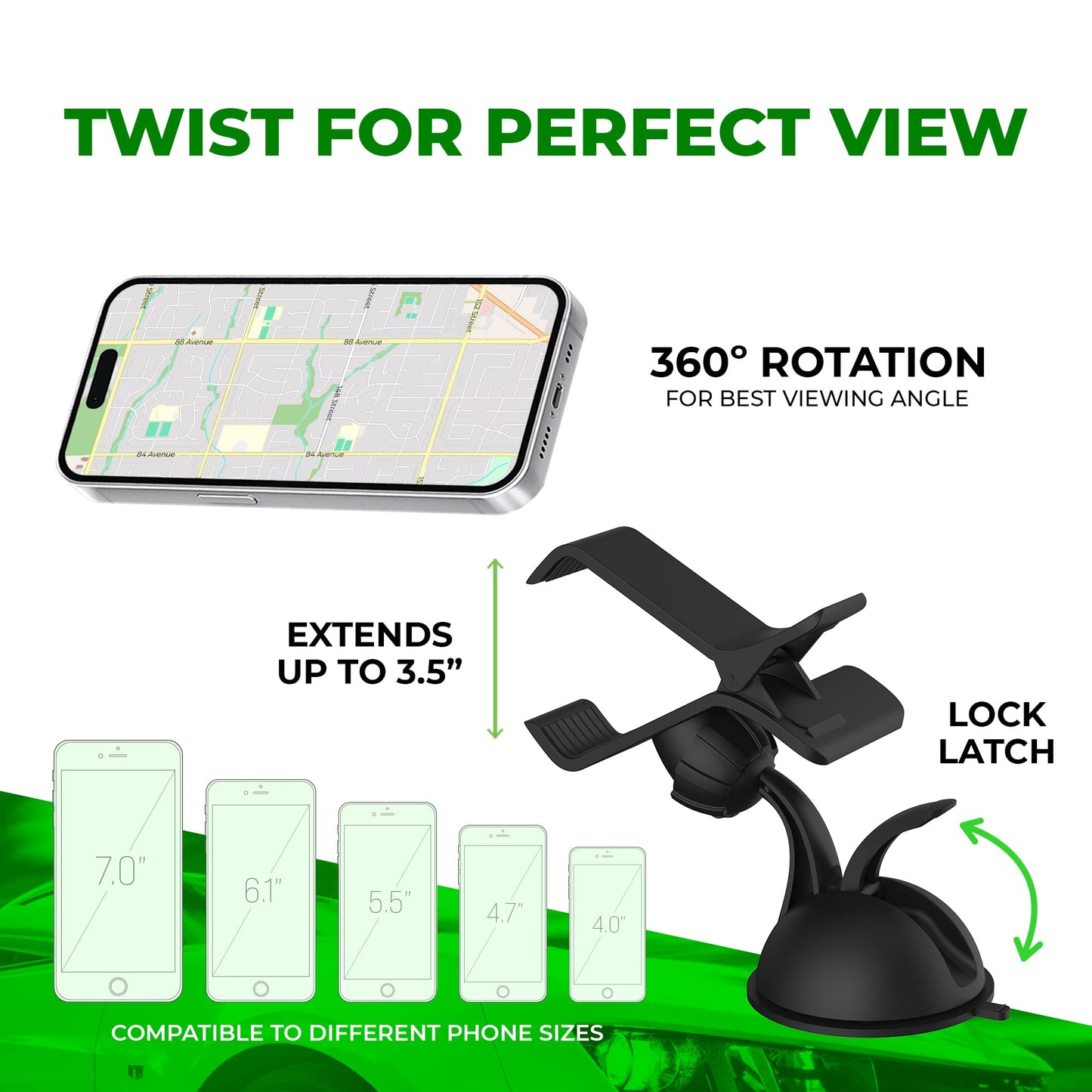 ChargeWorx Universal Car Phone Mount for Dashboard and Windshield, Adjustable Suction Cup Holder with Flex Arm and Clamp, 360 Rotation Compatible