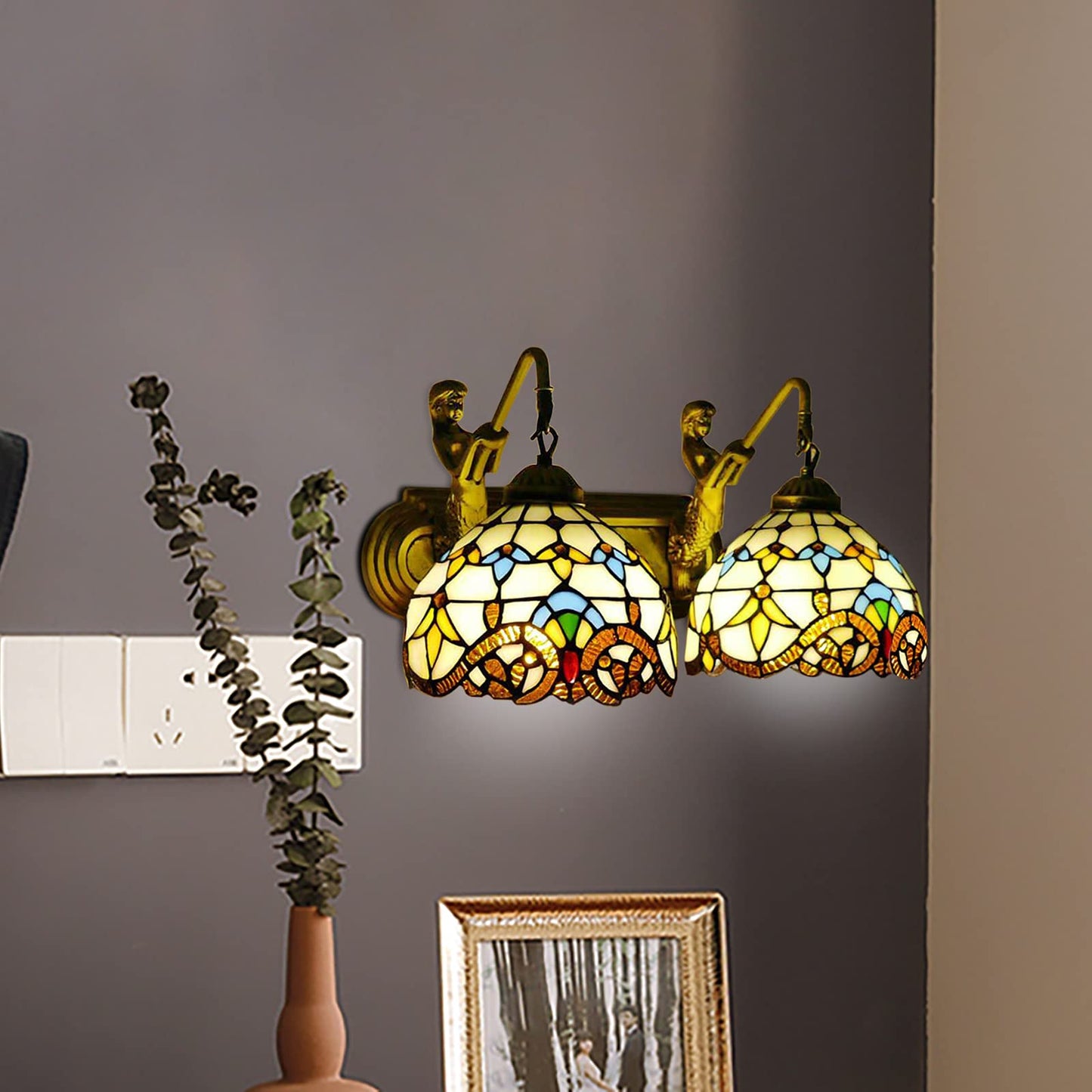 Synaiolma Tiffany Wall Sconce Lamp-Dual E27 Head, Glass Mirror Front Light Fixture W/Glass Lampshade,Mermaid Design/Dual Illumination Function