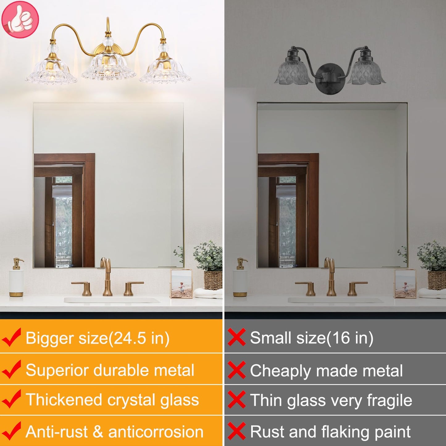 ZHUOER Modern Bathroom Vanity Light Fixtures 3 Lights Brushed Gold Vanity Lights for Bathroom with Floral Crystal Glass Shade Modern Wall Lighting