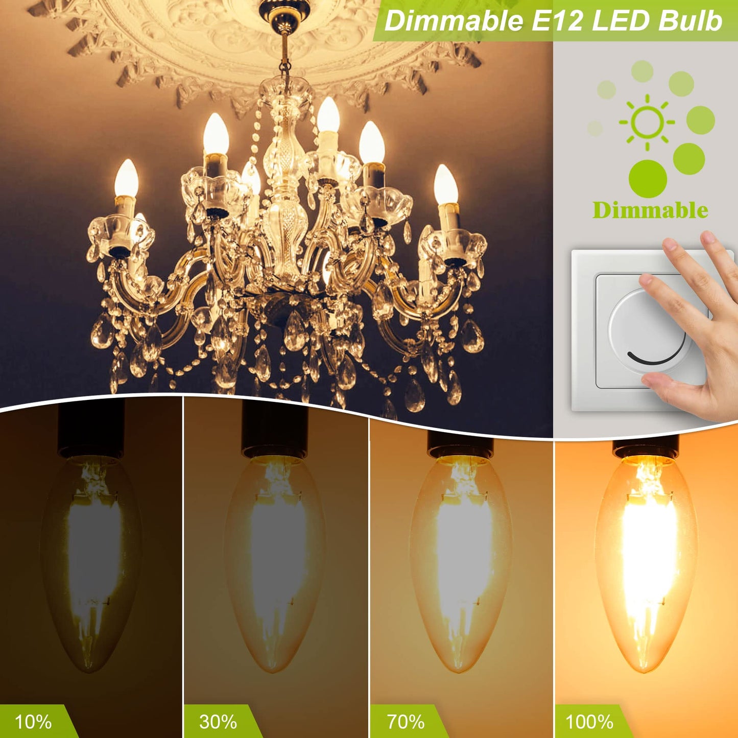 Dimmable Candelabra LED Light Bulb 40W Equivalent, E12 Chandelier Light Bulbs Warm White 3000K , 400LM, CRI 85+, B11 Type B Ceiling Fan Bulb 4W, Clear