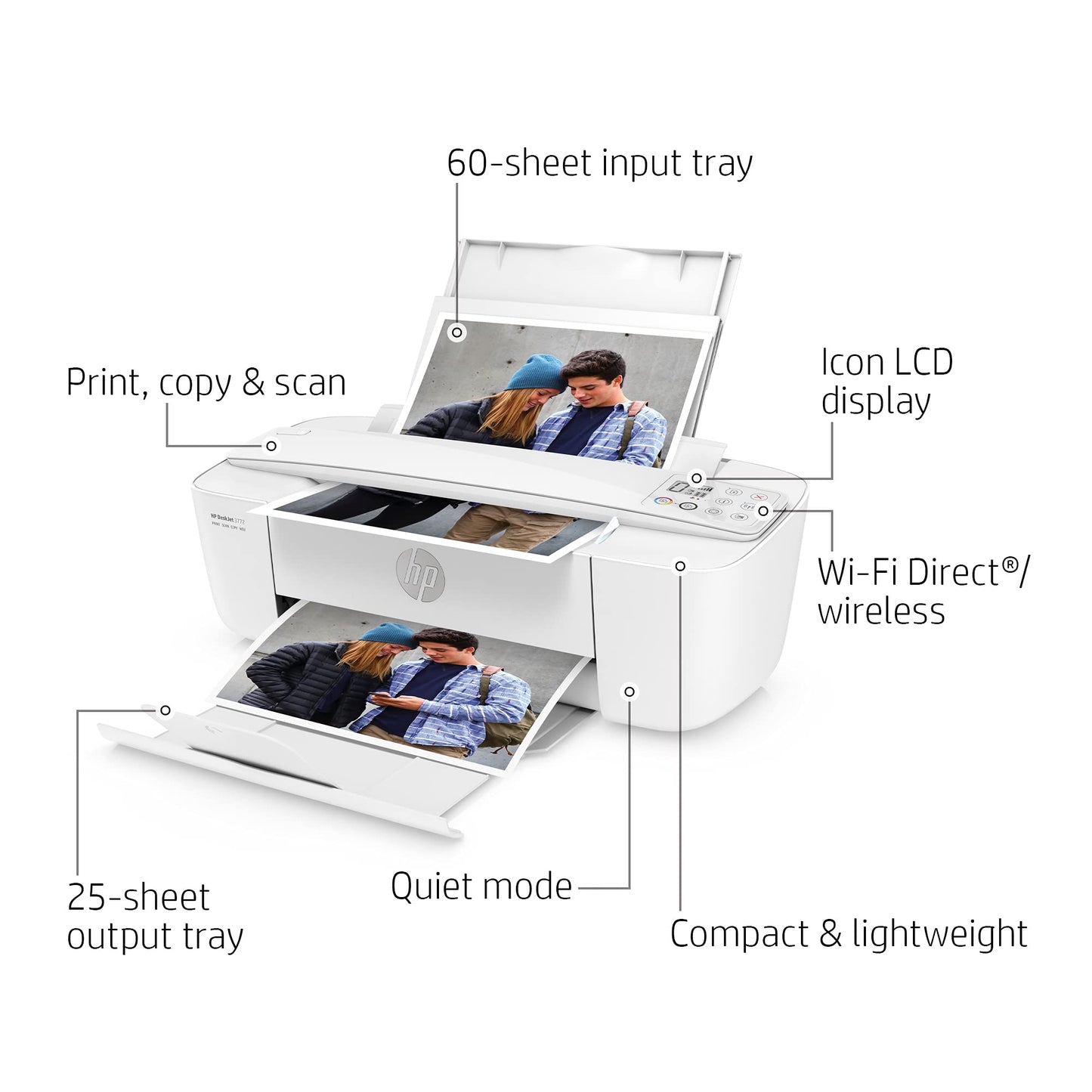 HP DeskJet 3772 All-in-One Color Inkjet Printer Scanner and Copy, Instant Ink Ready, Wireless Printers for Home and Office, Photo Print, Built-in
