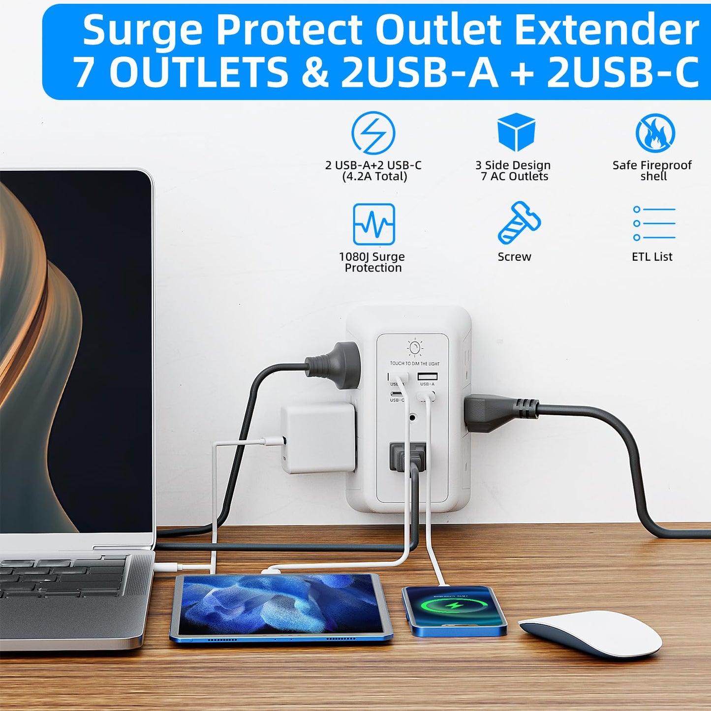 Multi Plug Outlet Surge Protector, 7 Outlet Extender with Night Light, USB Wall Charger with 2 USB C and 2 USB Ports, Surge Protector Power Strip