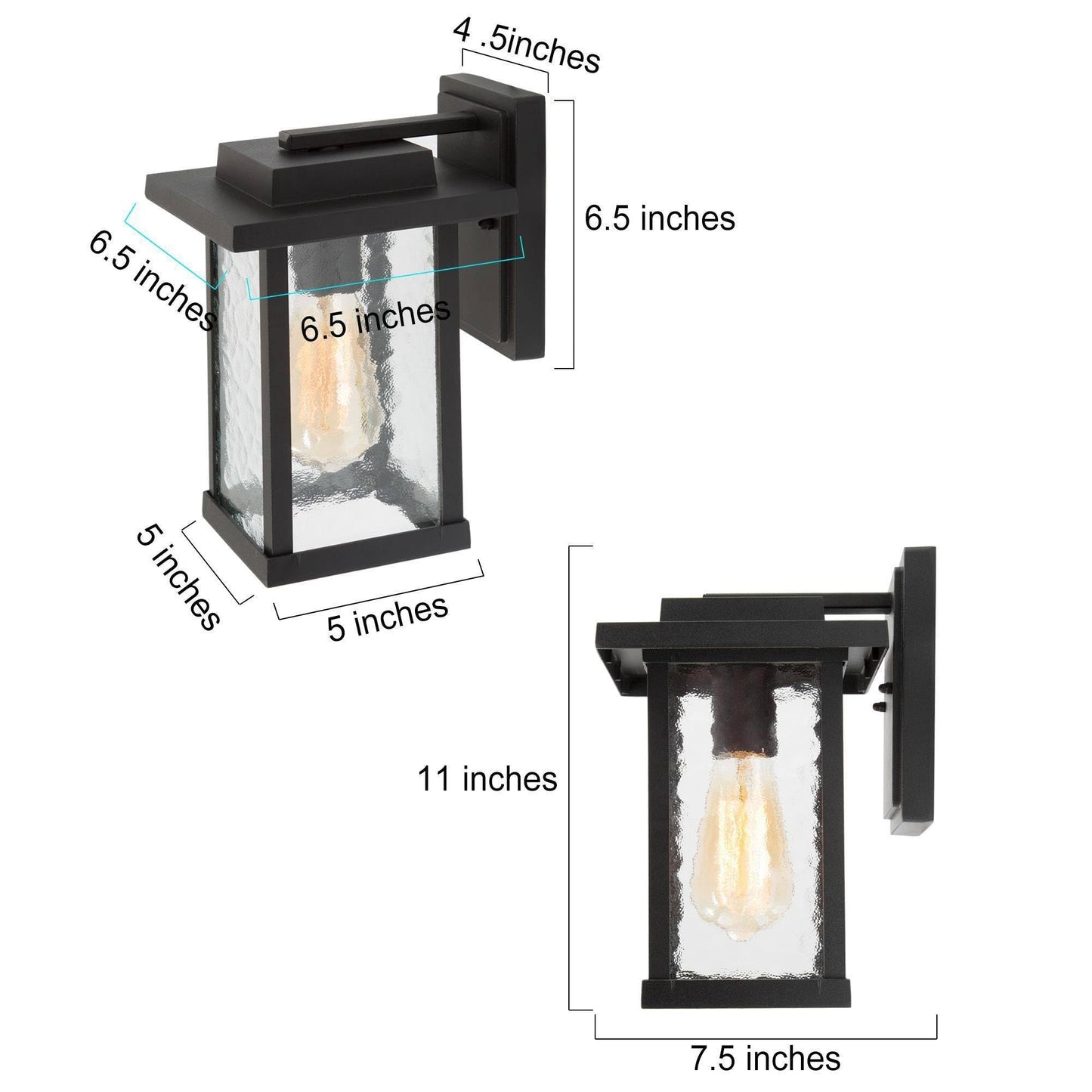 GEPOW Black Outdoor Wall Lights, Modern Farmhouse Porch Lights Outdoor Wall Mount with Water Ripple Glass, Waterproof Anti-Rust Rectangular Exterior