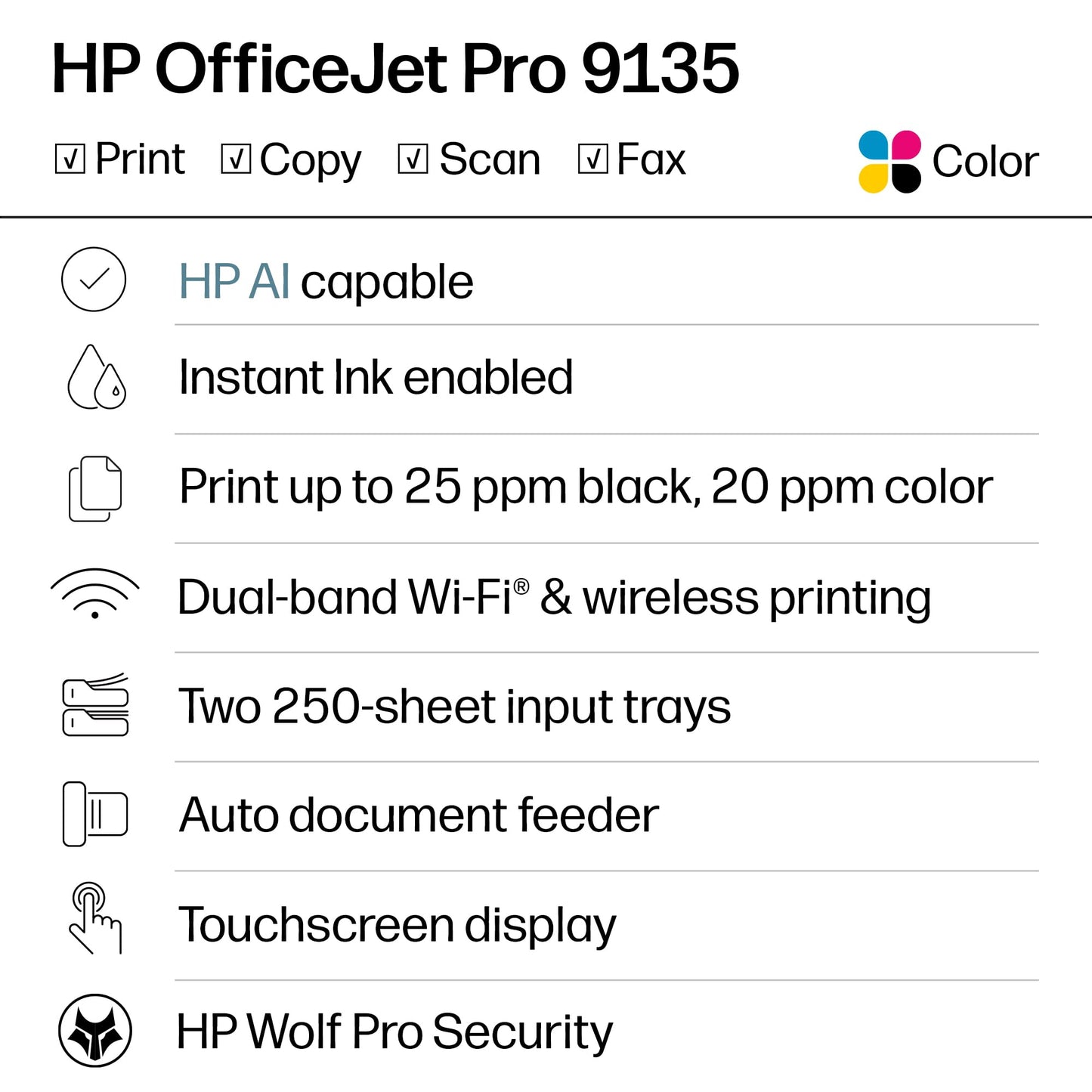 HP OfficeJet Pro 9135 Wireless All-in-One Color Inkjet Printer, Print, Scan, Copy, Fax, ADF, Duplex Print/scan, Best-for-Office, 3 Month Trial