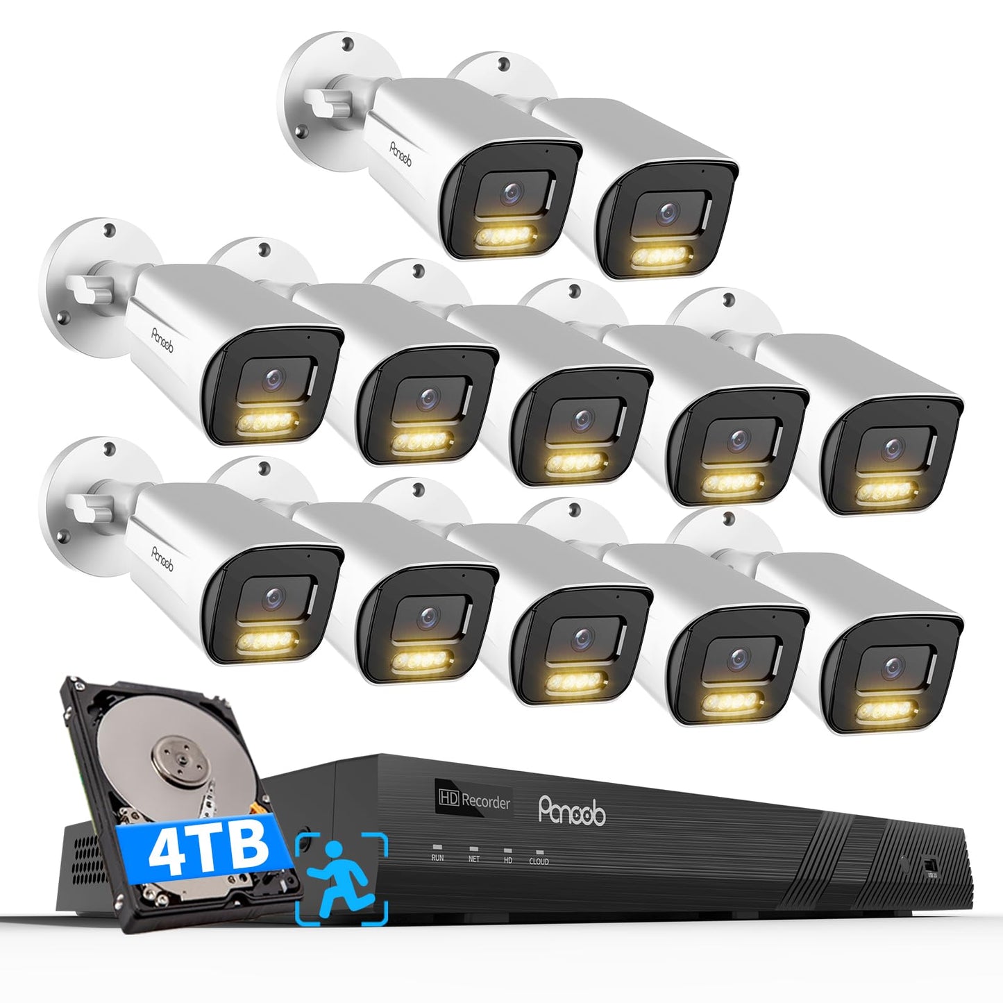 PANOOB 16 Channel Security Camera System 4TB HDD, H.265 12PCS 5MP PoE Commercial IP Bullet Camera, Smart Color Night Vision, 2 Way Audio Talking, AI