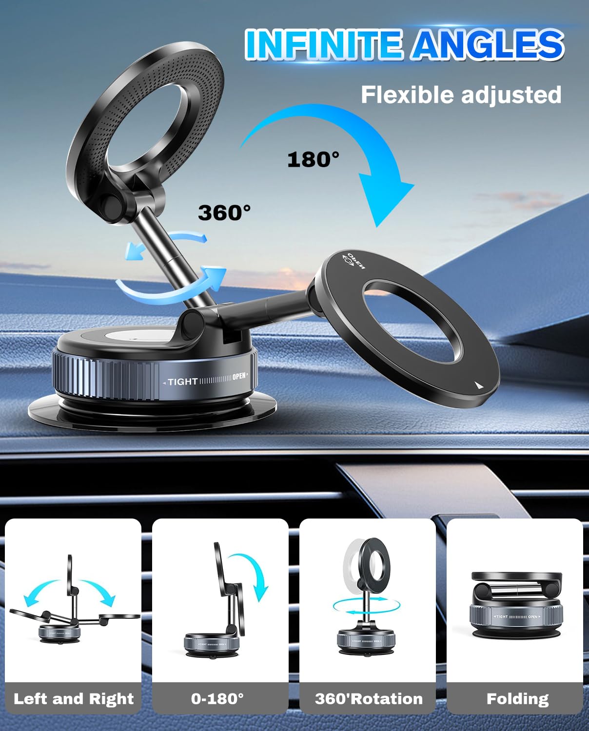 SOAMOEU Vacuum Suction Magnetic Phone Holder, 2025 Upgraded Magnetic Car Phone Mount for Magsafe, 360°Adjustable Foldable Portable Suction Cup Phone