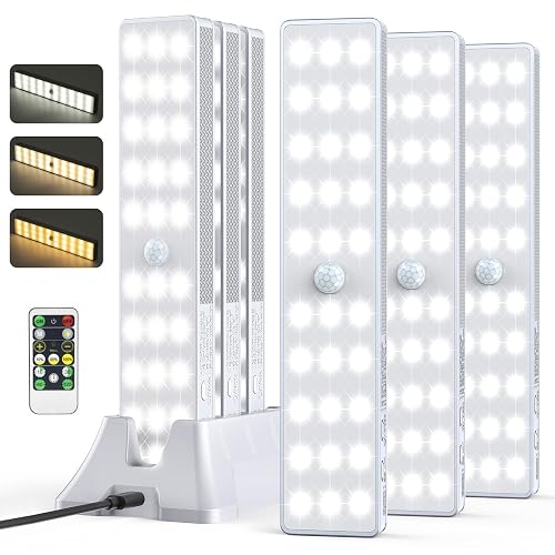 LED Closet Light with Charging Station, 6 Pcs 3 Color Temperatures 30LEDs Dimmer Rechargeable Motion Sensor Under Cabinet Lighting, Stick-on Night