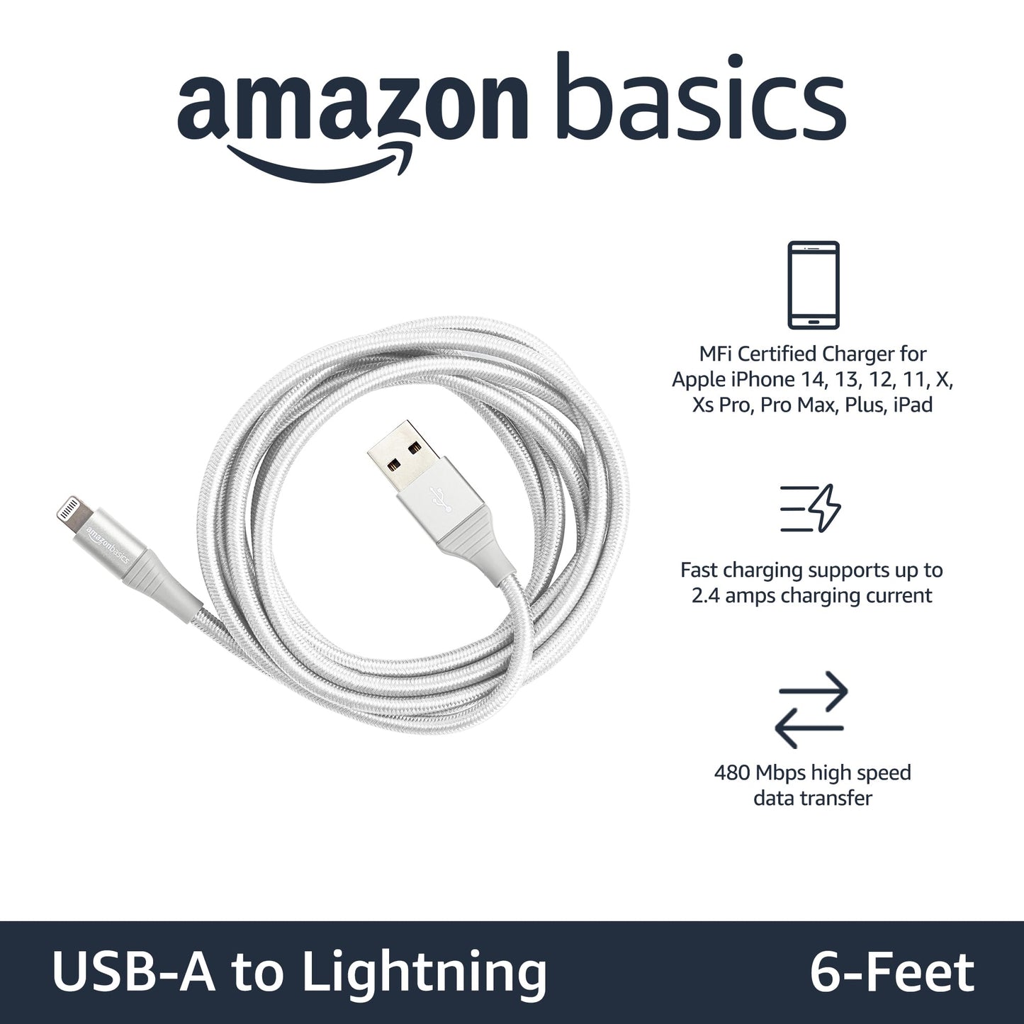 Amazon Basics USB-A to Lightning Charger Cable, Nylon Braided Cord, MFi Certified Charger for Apple iPhone 14 13 12 11 X Xs Pro, Pro Max, Plus, iPad…