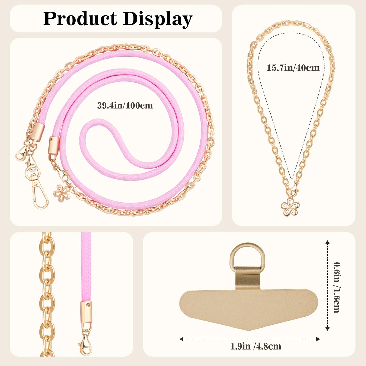 TiMOVO 2-in-1 Phone Lanyard Crossbody, Metal Cell Phone Chain Detachable Wrist Strap, Universal Smartphone Lanyard for Women, Pink
