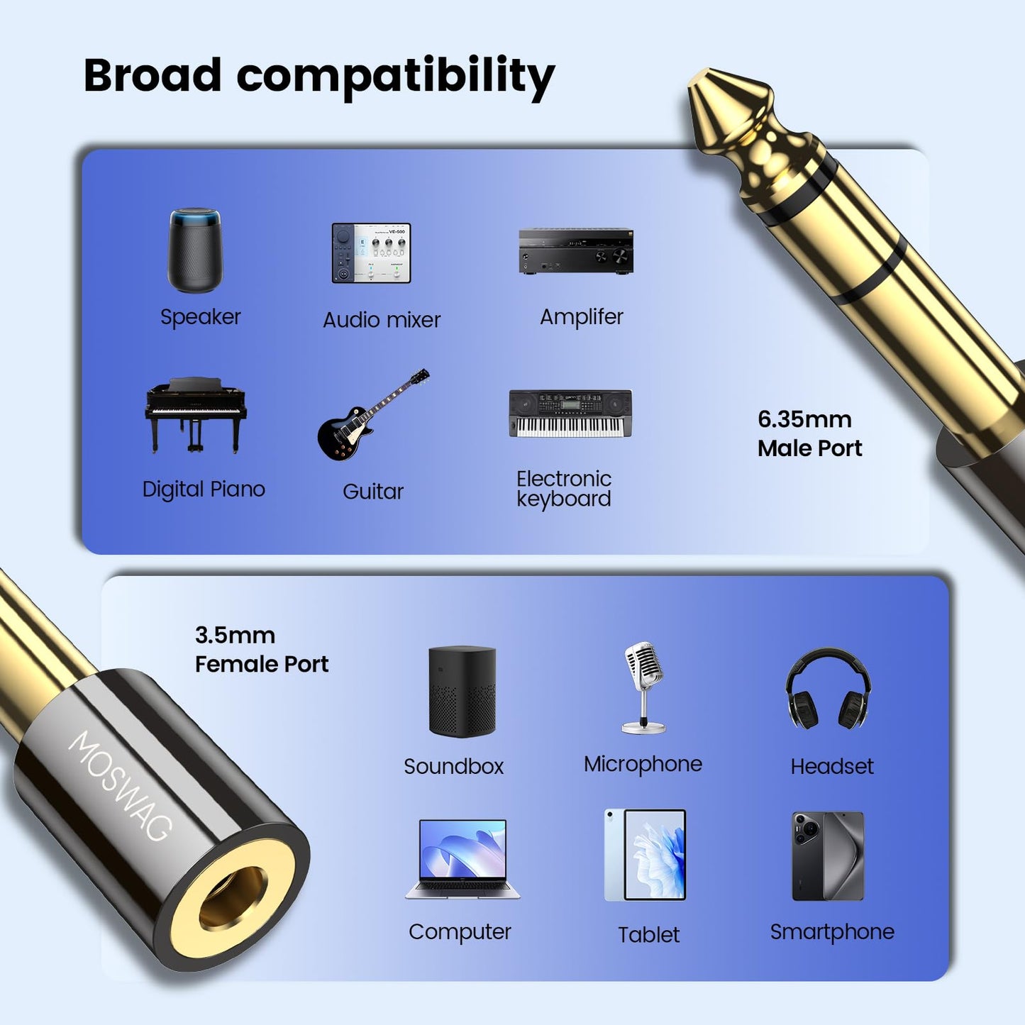 MOSWAG 6.35mm 1/4 Male to 3.5mm 1/8 Female Stereo Headphone Adapter Audio Jack Plug Gold Plated Compatible with Speaker Headphone Guitar Digital Piano