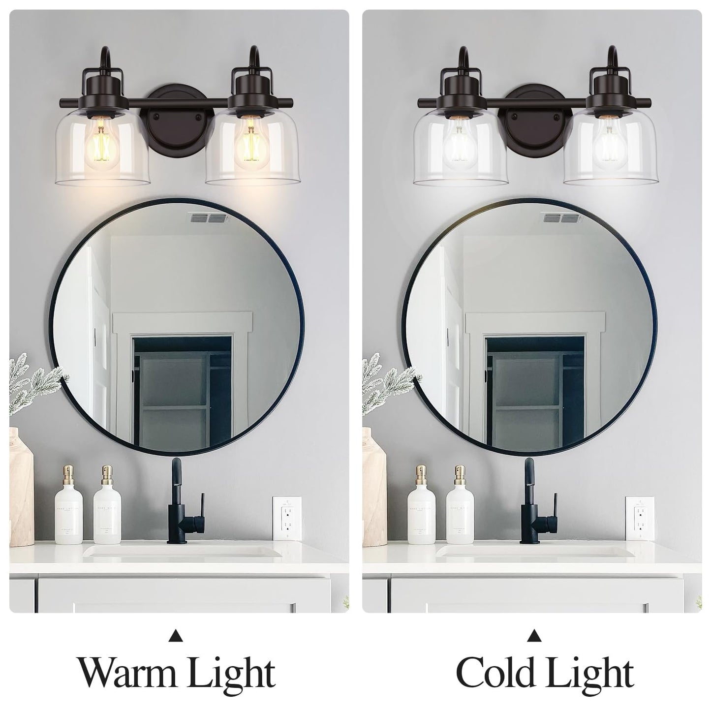 Bathroom Light fixtures, 2 Light Bronze Bathroom Vanity Light, Modern Vanity Light Fixtures with Metal Base and Clear Glass Shade, Wall Sconces